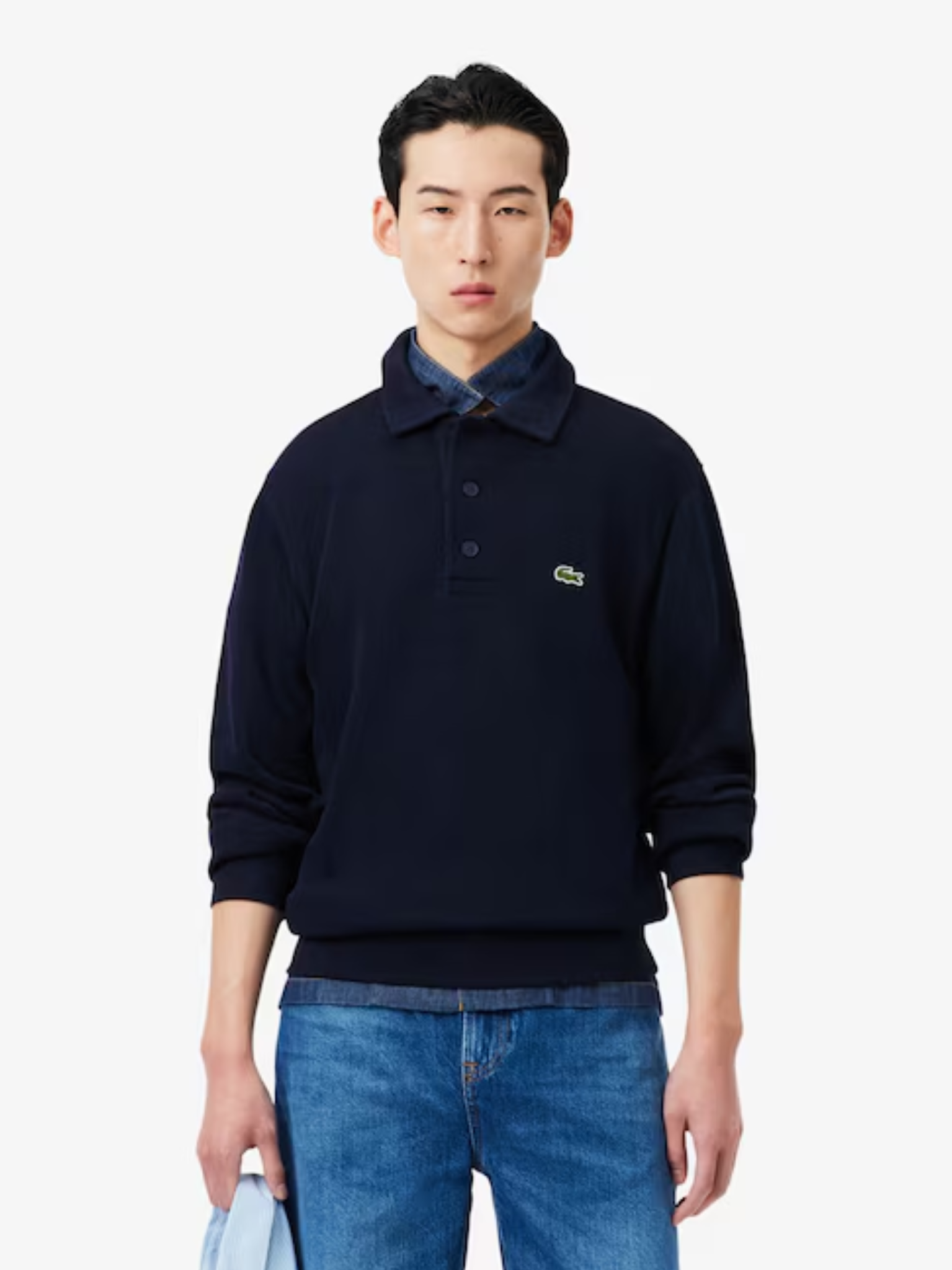 LACOSTE Ribbed Cotton Polo Collar Sweatshirt Midnight Blue