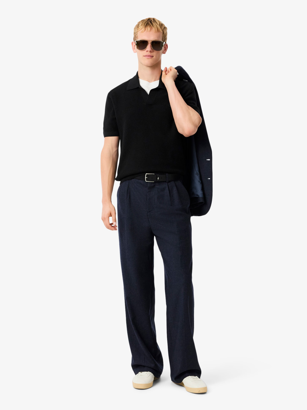 LACOSTE Cotton Blend Open Polo Collar Sweater Black