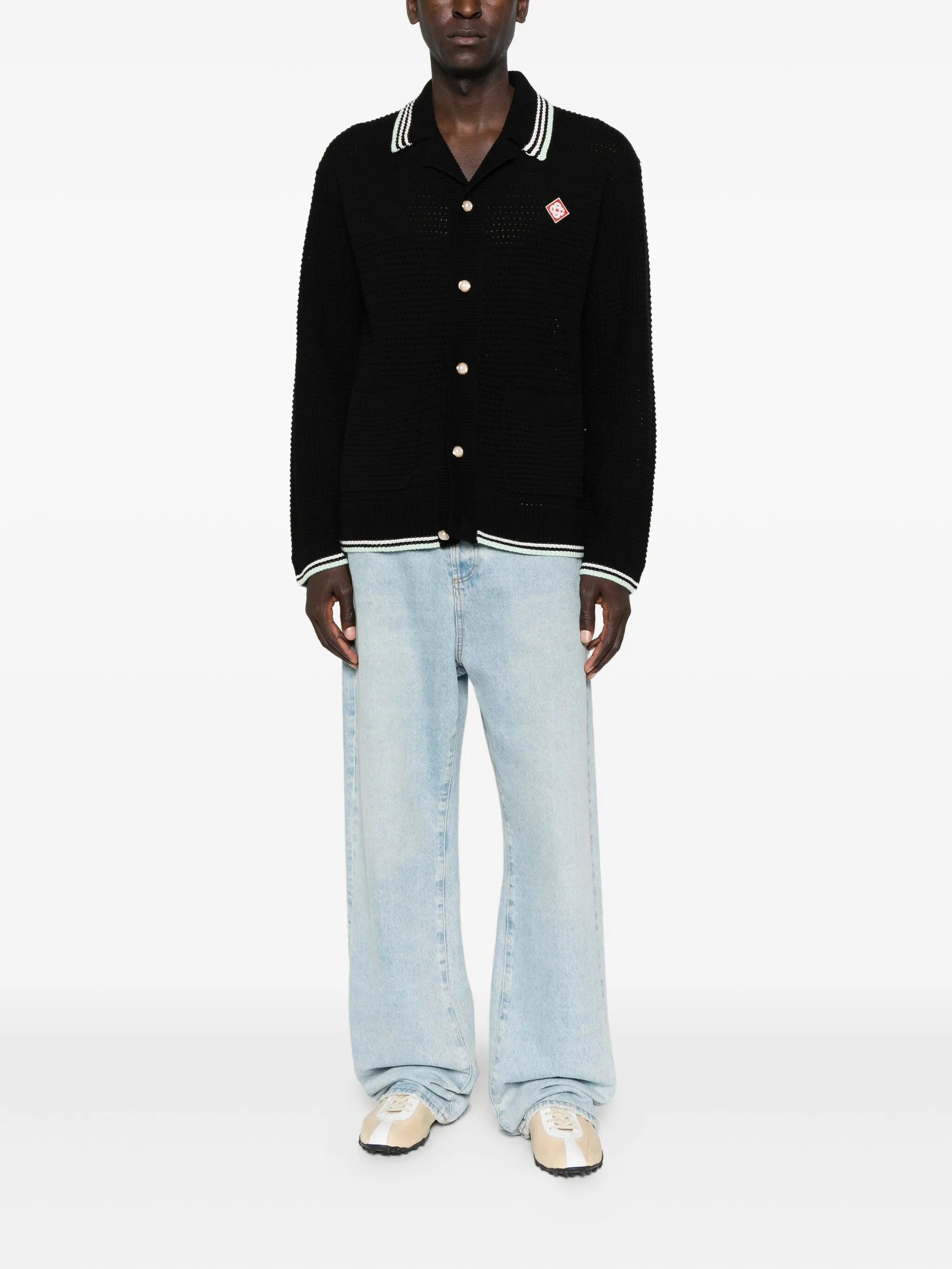 CASABLANCA Embroidered Cotton Crochet Long Sleeve Shirt Black