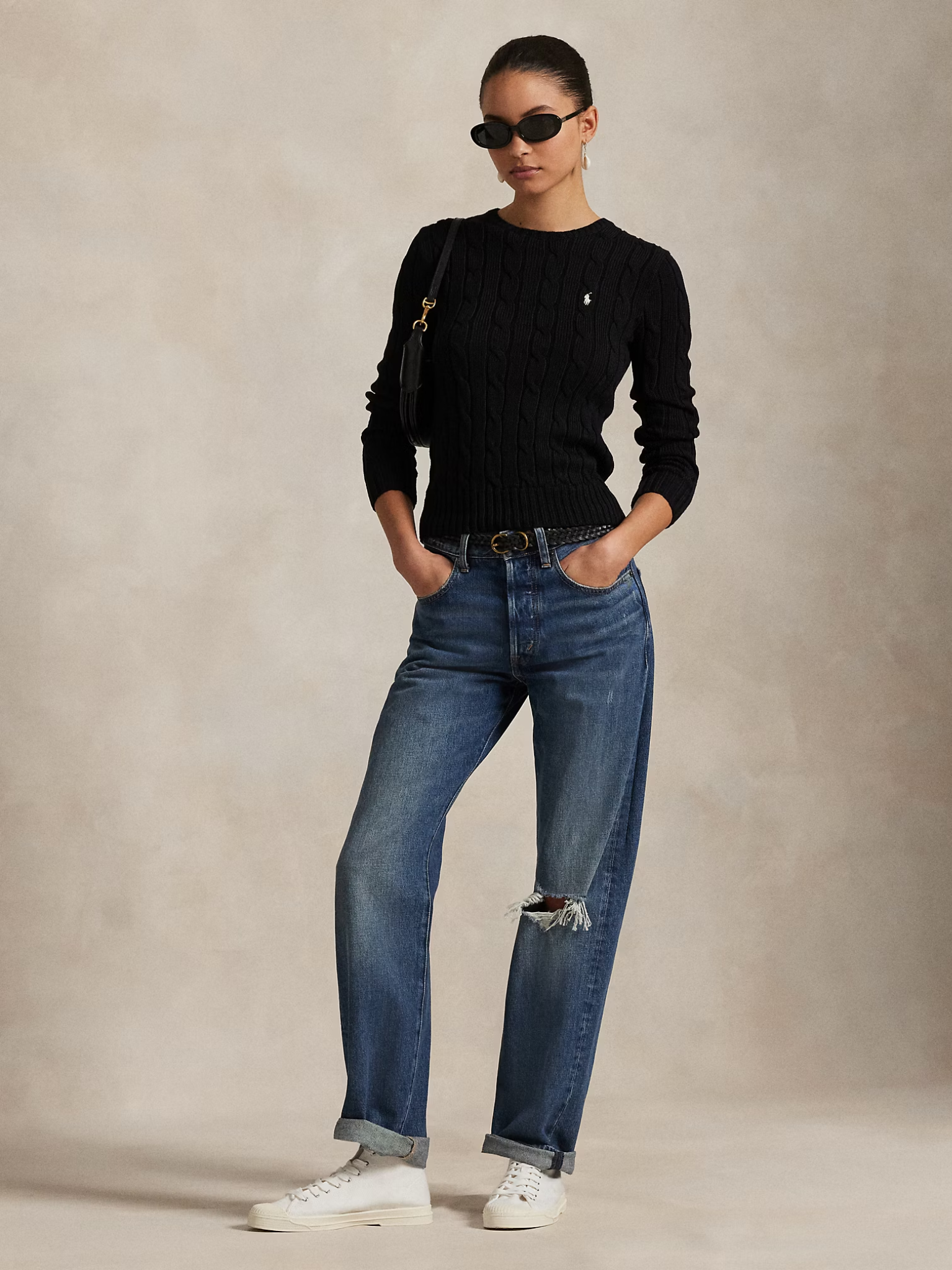 RALPH LAUREN WOMEN Cable-Knit Cotton Crewneck Jumper Polo Black