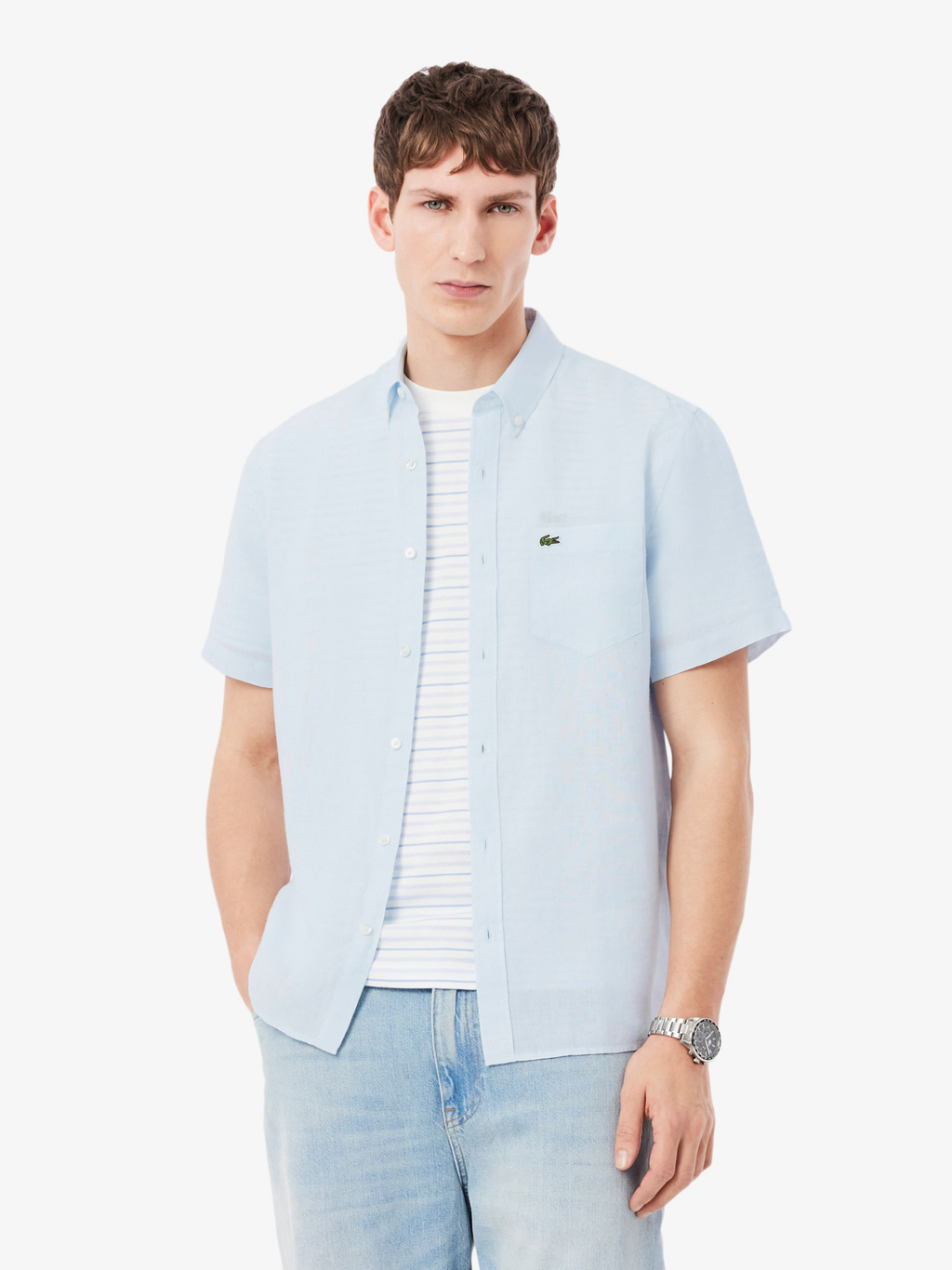 LACOSTE Short Sleeved Linen Shirt Light Blue