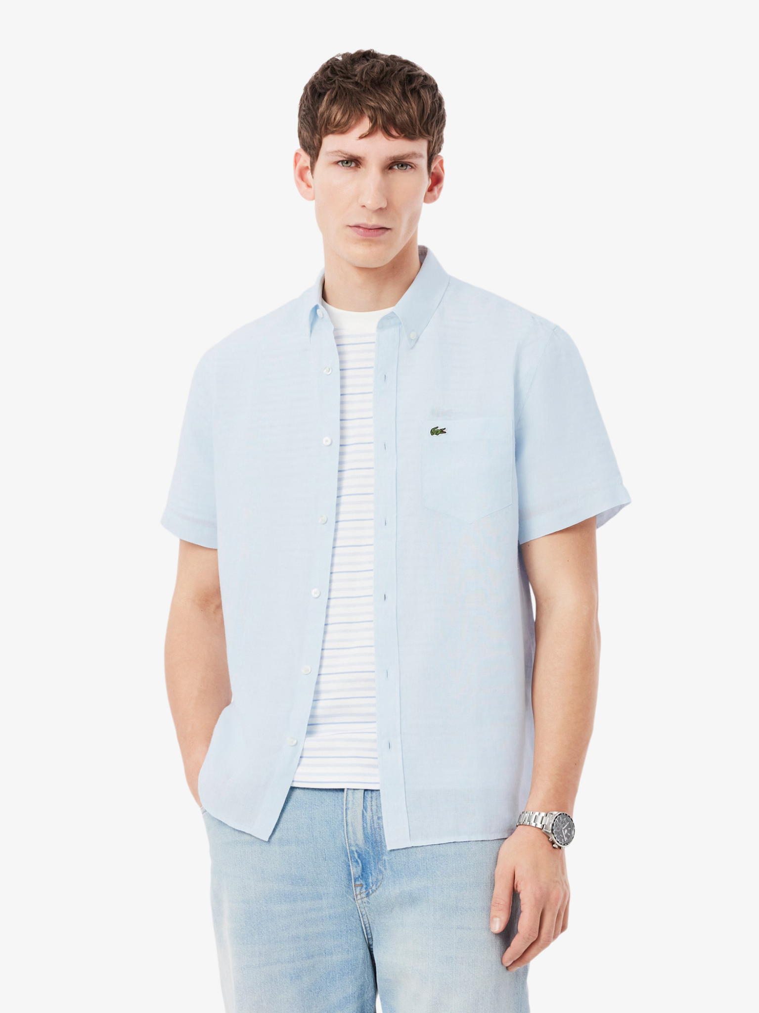 LACOSTE Short Sleeved Linen Shirt Light Blue