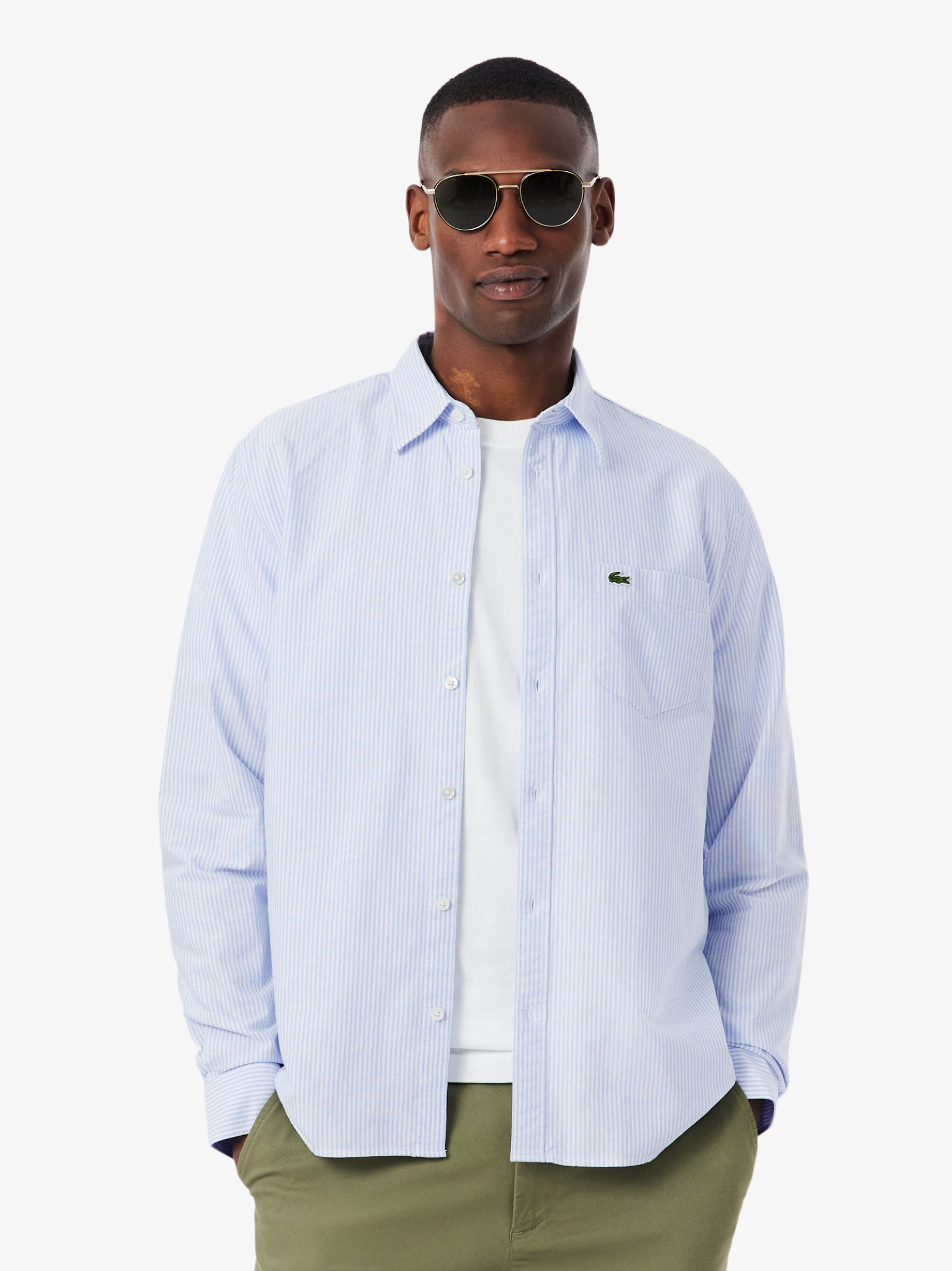 LACOSTE Regular Fit Striped Oxford Shirt Blue/White