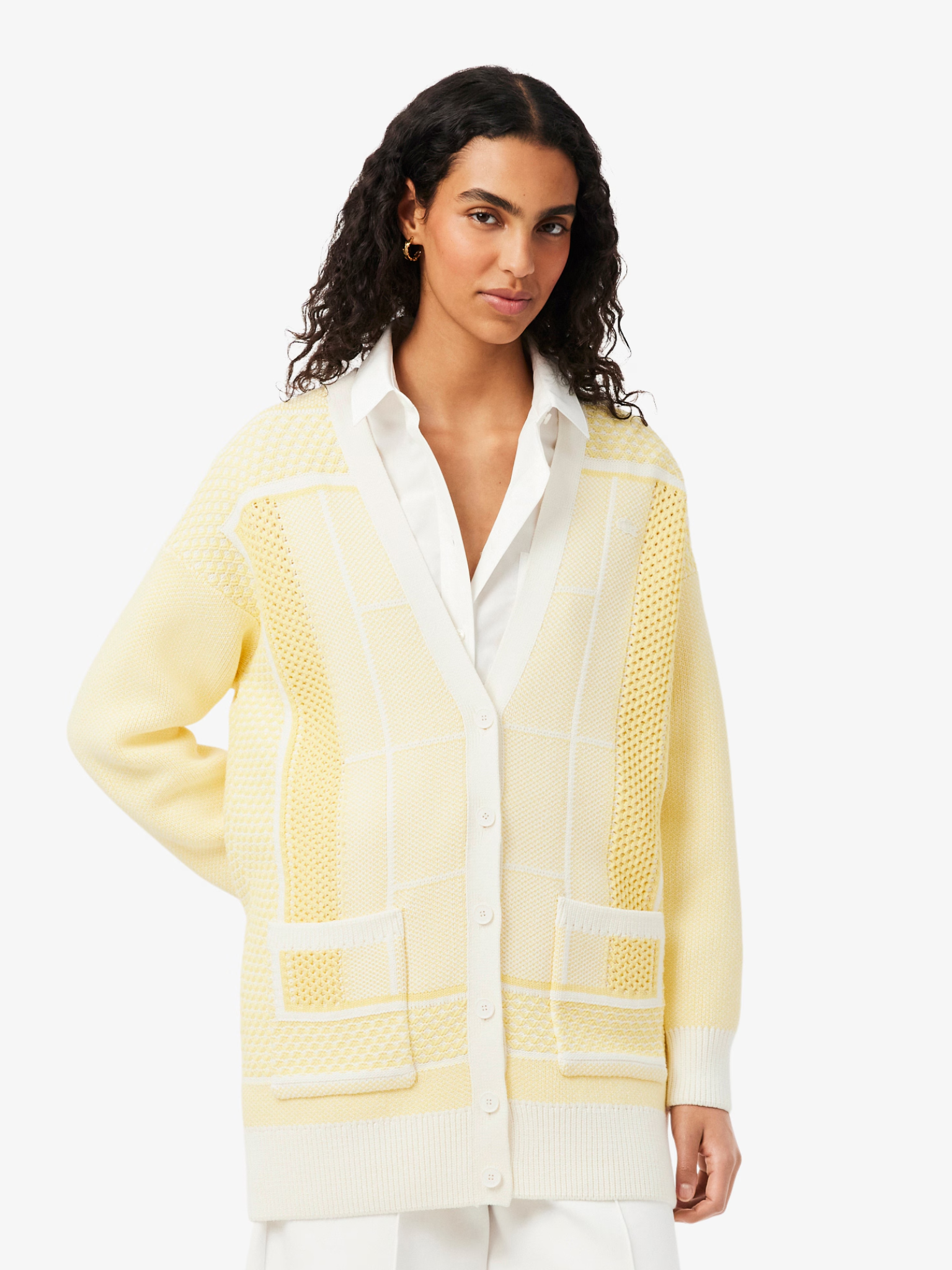 LACOSTE WOMEN Tennis Court Jacquard Long Cardigan Yellow/White