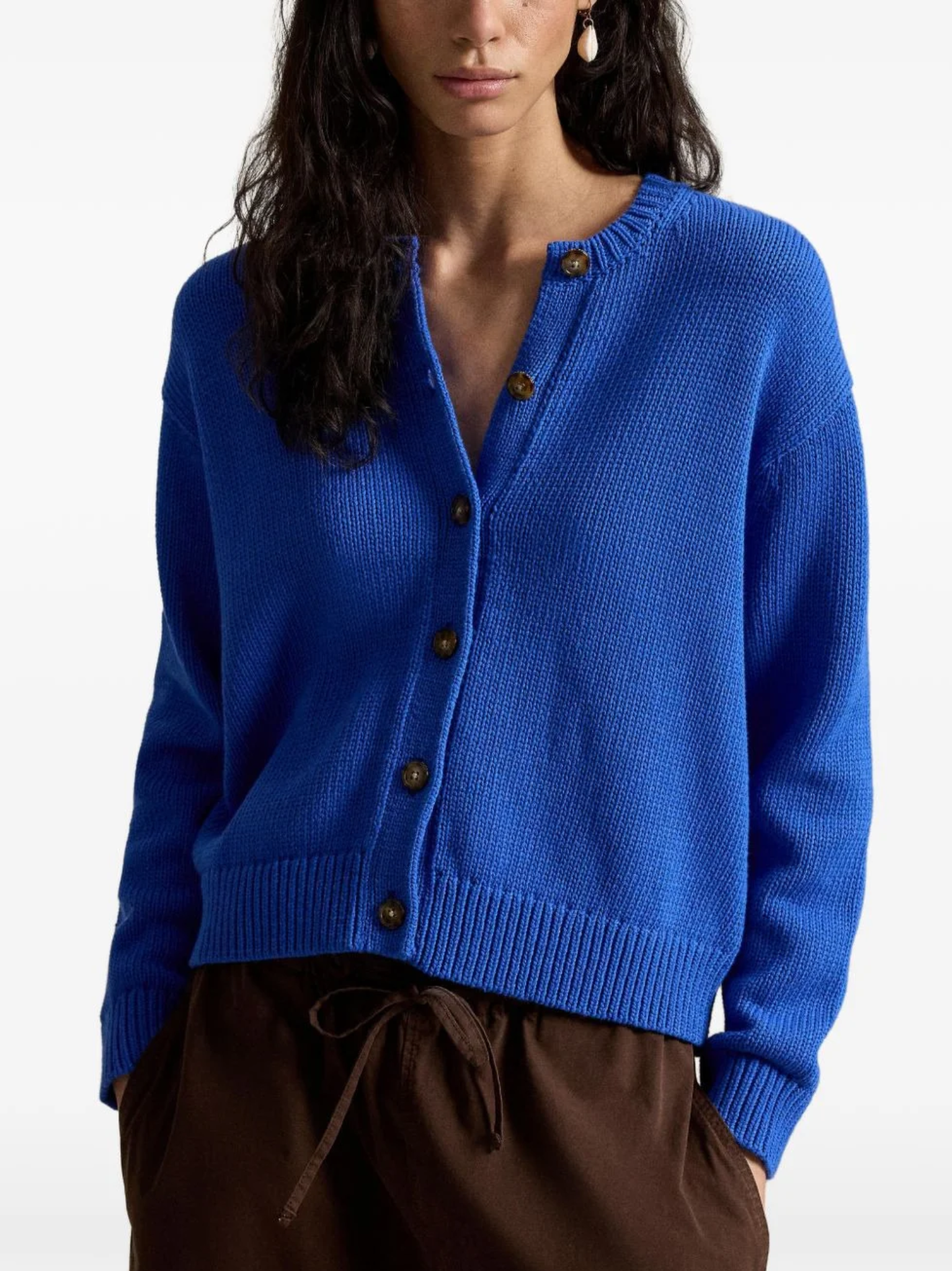RALPH LAUREN WOMEN Linen-blend Crewneck Cardigan Gala Blue
