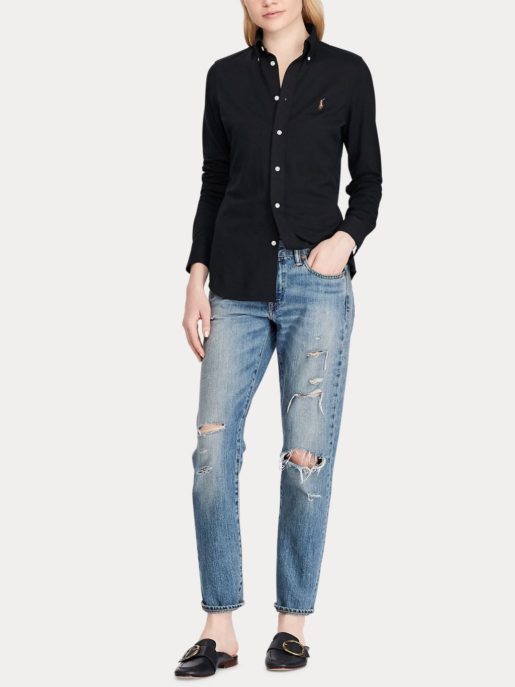 RALPH LAUREN WOMEN Slim Fit Knit Cotton Oxford Shirt Polo Black