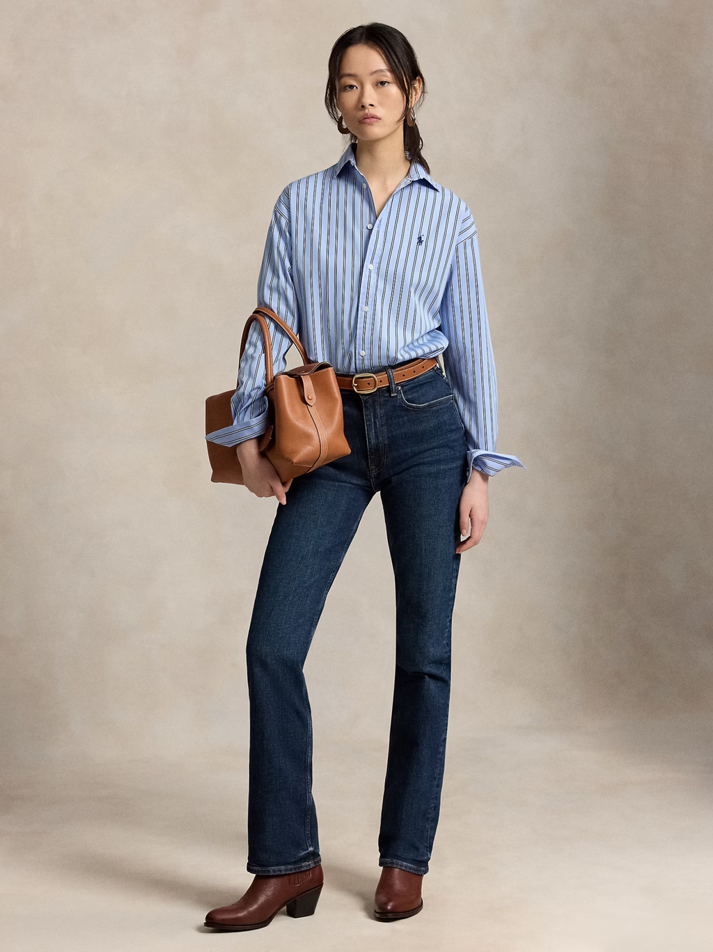 RALPH LAUREN WOMEN Relaxed Fit Striped Cotton Shirt Light Blue/White Multi