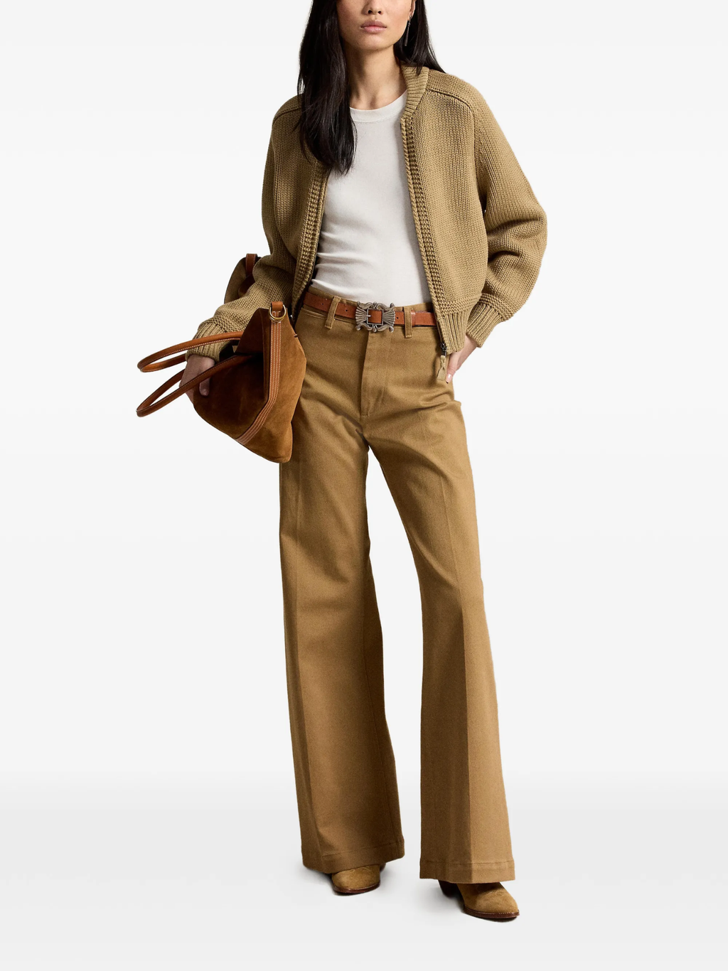 RALPH LAUREN WOMEN Cotton-blend Full-zip Sweater Desert Khaki