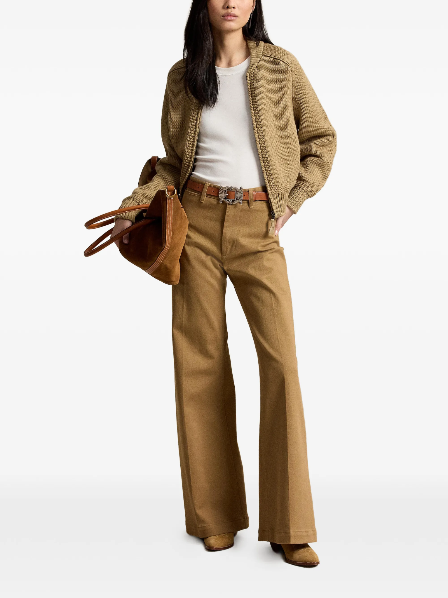 RALPH LAUREN WOMEN Cotton-blend Full-zip Sweater Desert Khaki