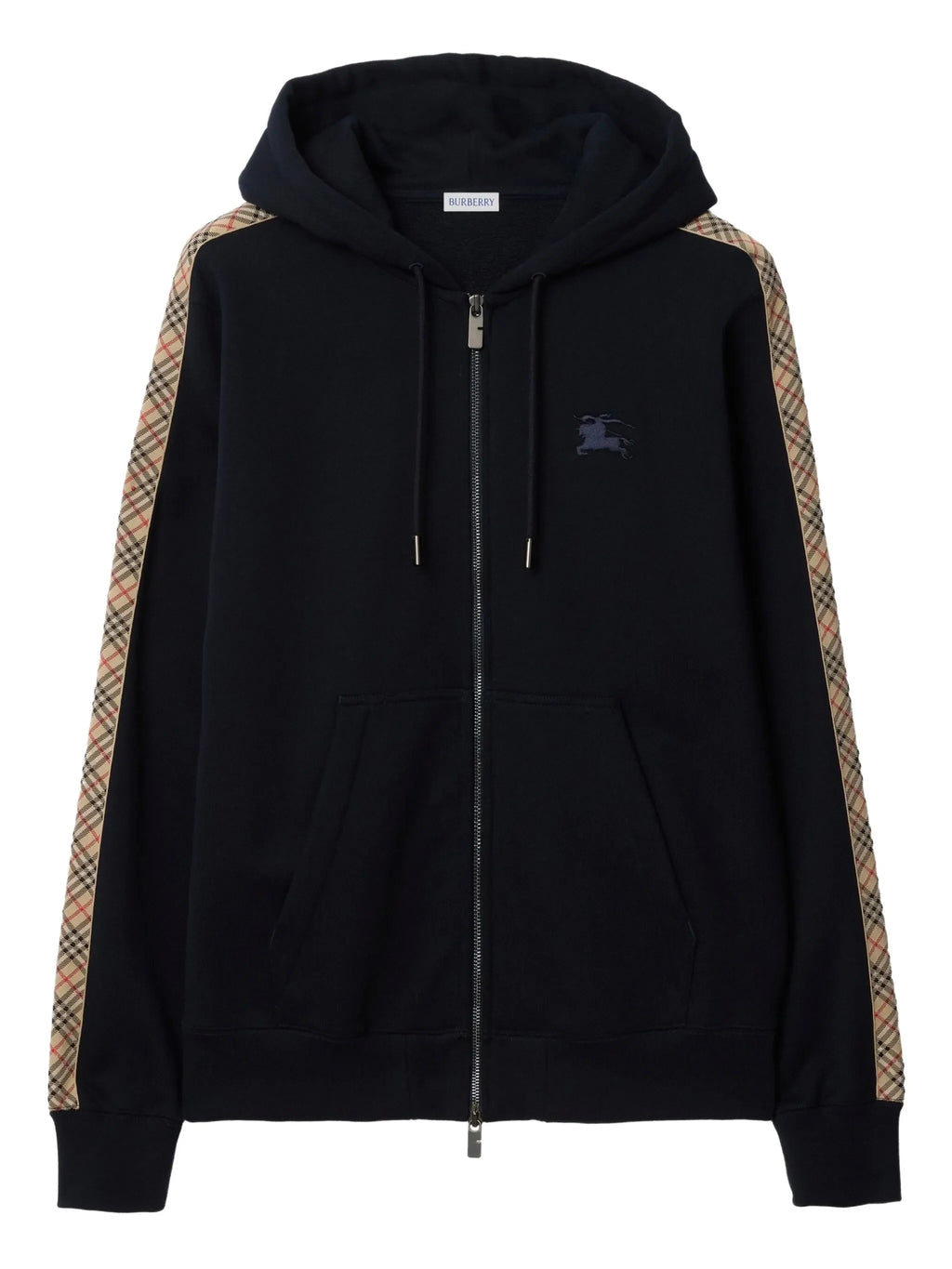BURBERRY Check Trim Cotton Zip Hoodie Navy
