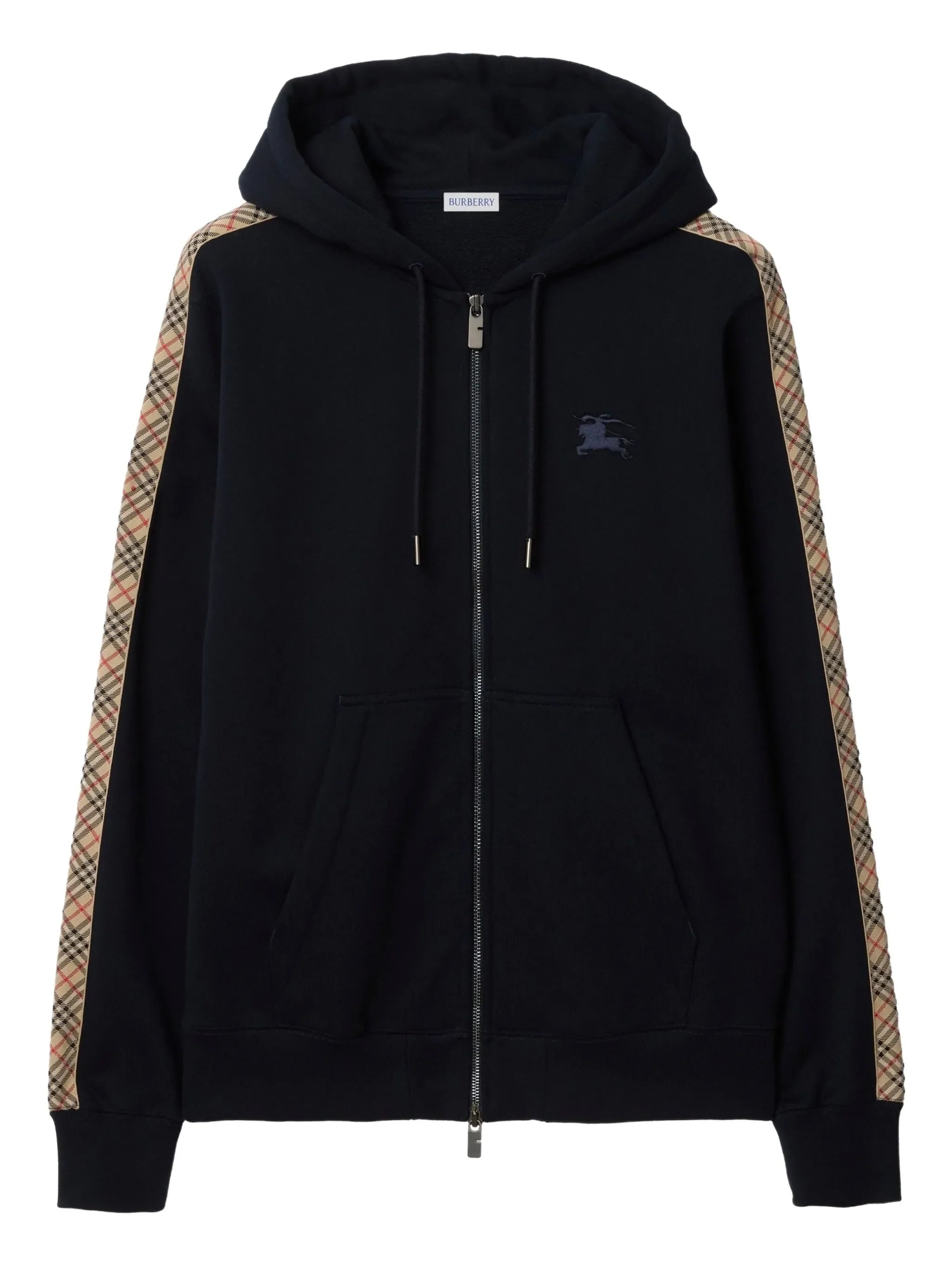 BURBERRY Check Trim Cotton Zip Hoodie Navy