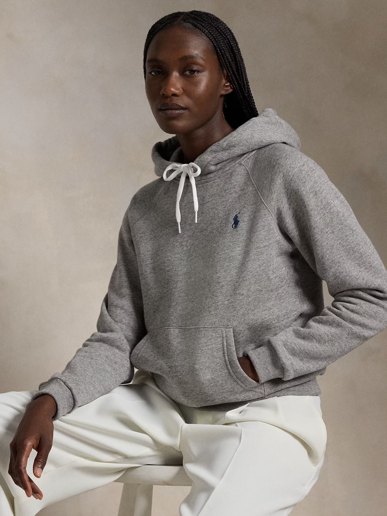 RALPH LAUREN WOMEN Shrunken Fit Fleece Hoodie Dark Vintage Heather