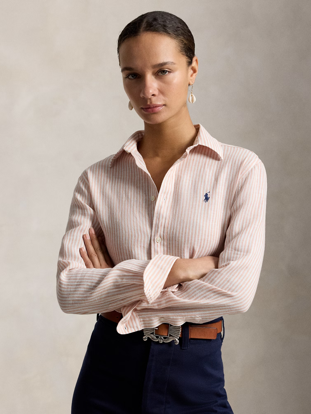 RALPH LAUREN WOMEN Classic Fit Striped Linen Shirt Dr Mauve White