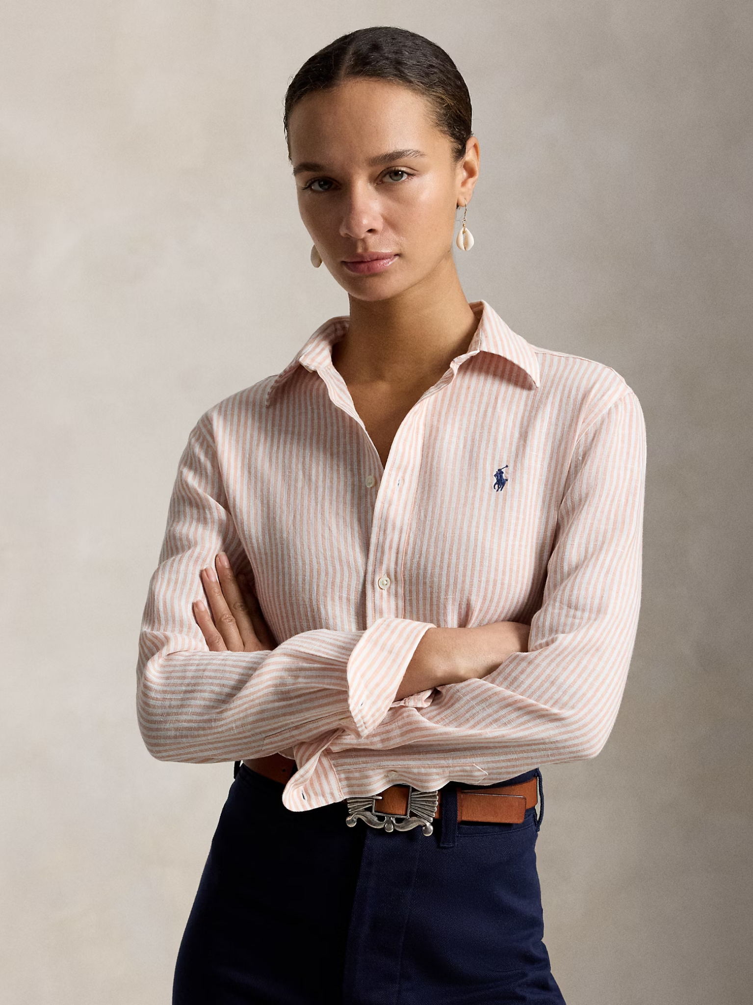 RALPH LAUREN WOMEN Classic Fit Striped Linen Shirt Dr Mauve White