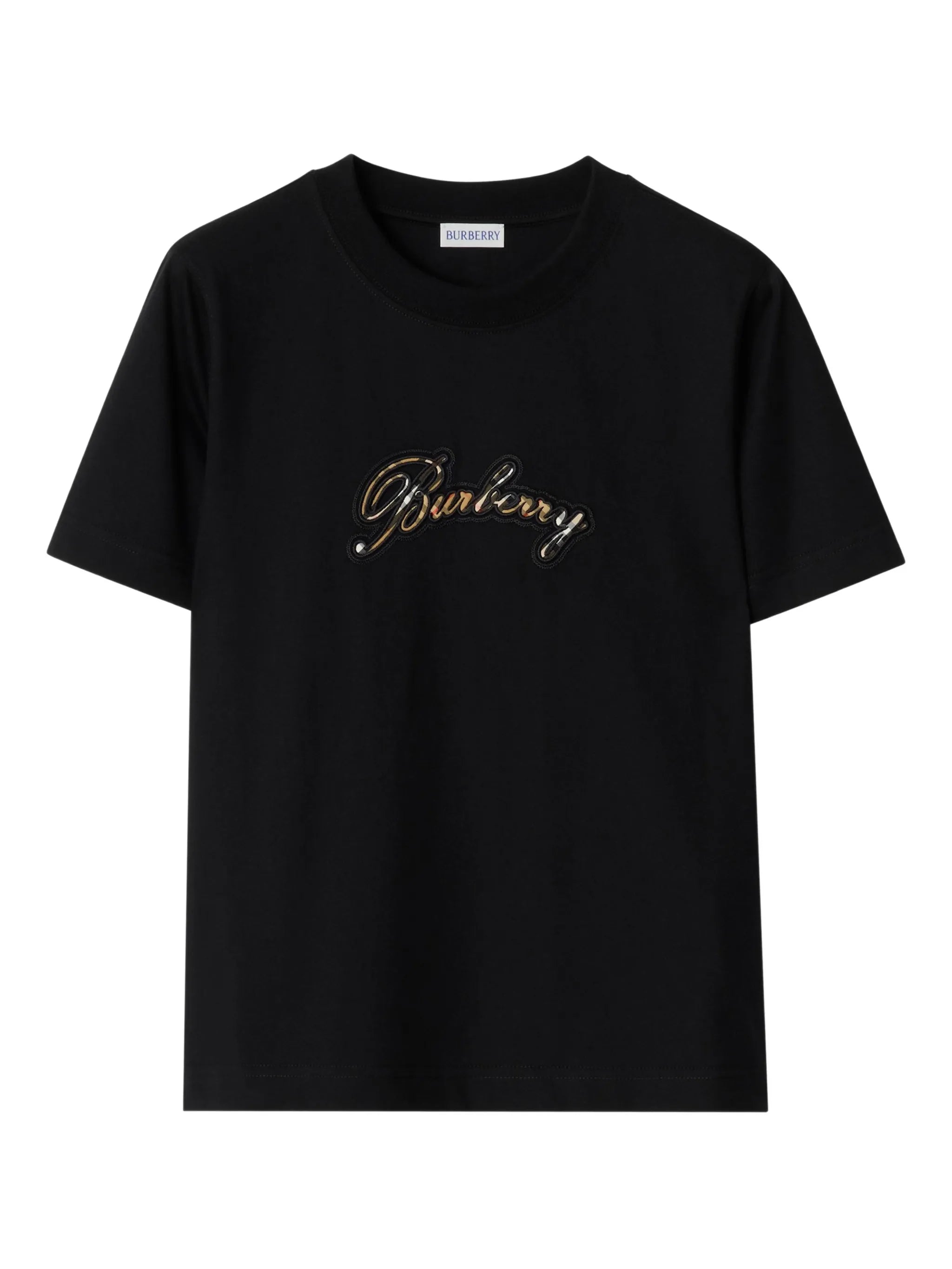 BURBERRY WOMEN Check Cursive Logo Cotton T-shirt Black