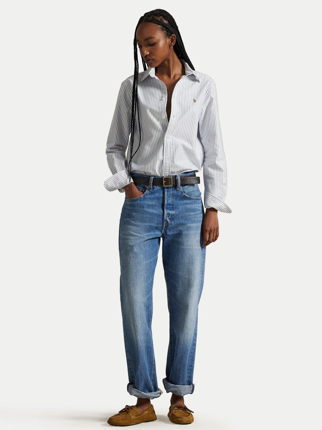 RALPH LAUREN WOMEN Classic Fit Striped Oxford Shirt White/Heritage Royal