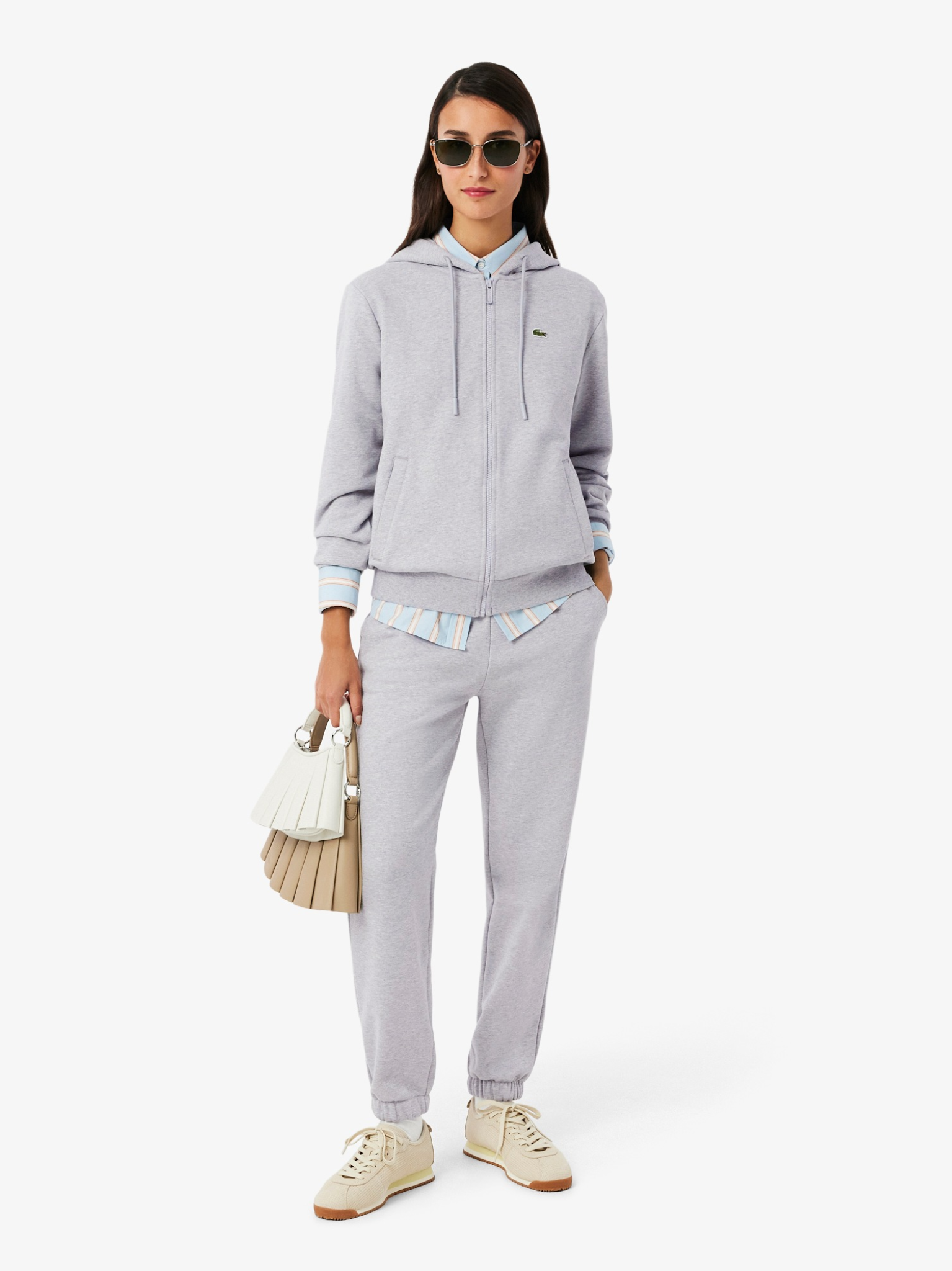 LACOSTE WOMEN Zipped Fleece Hoodie Light Grey