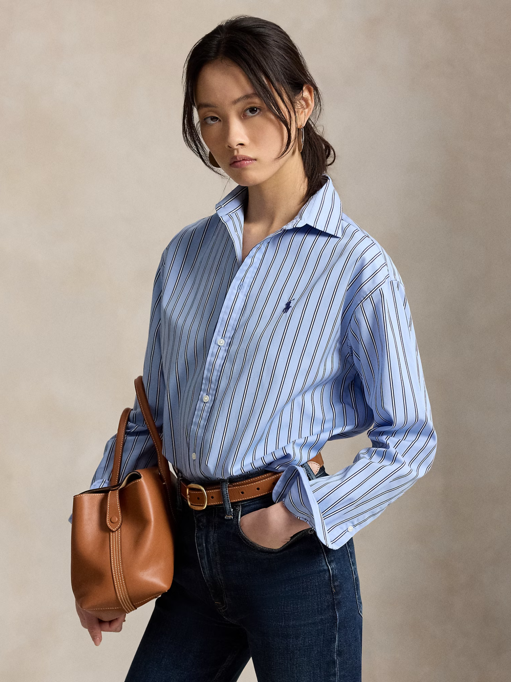 RALPH LAUREN WOMEN Relaxed Fit Striped Cotton Shirt Light Blue/White Multi