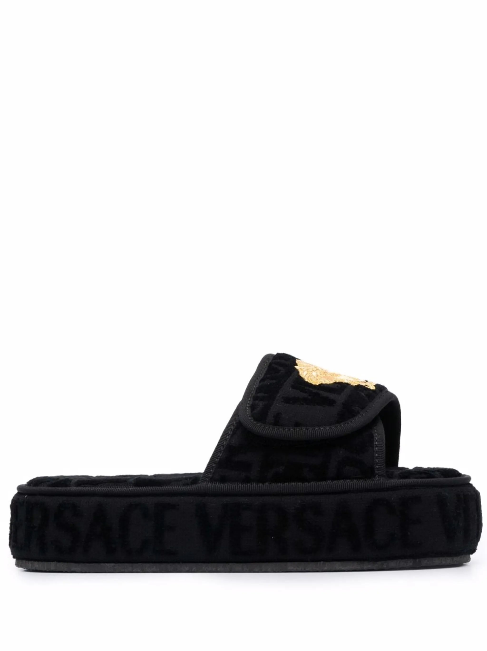 VERSACE Logo Monogram Platform Slides Black