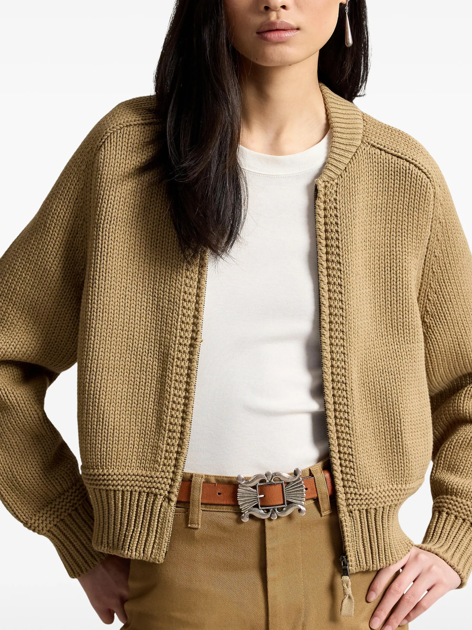 RALPH LAUREN WOMEN Cotton-blend Full-zip Sweater Desert Khaki