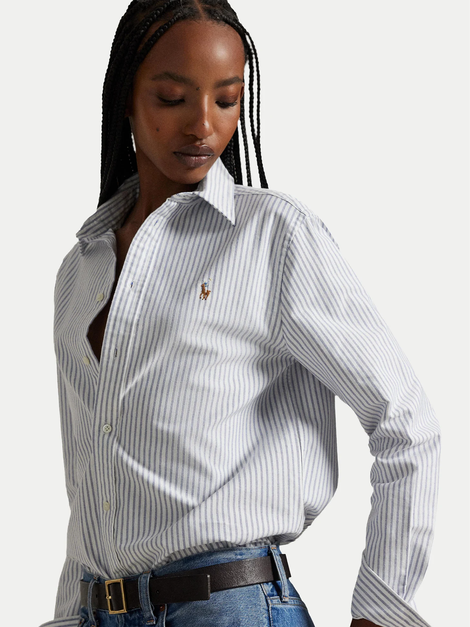 RALPH LAUREN WOMEN Classic Fit Striped Oxford Shirt White/Heritage Royal