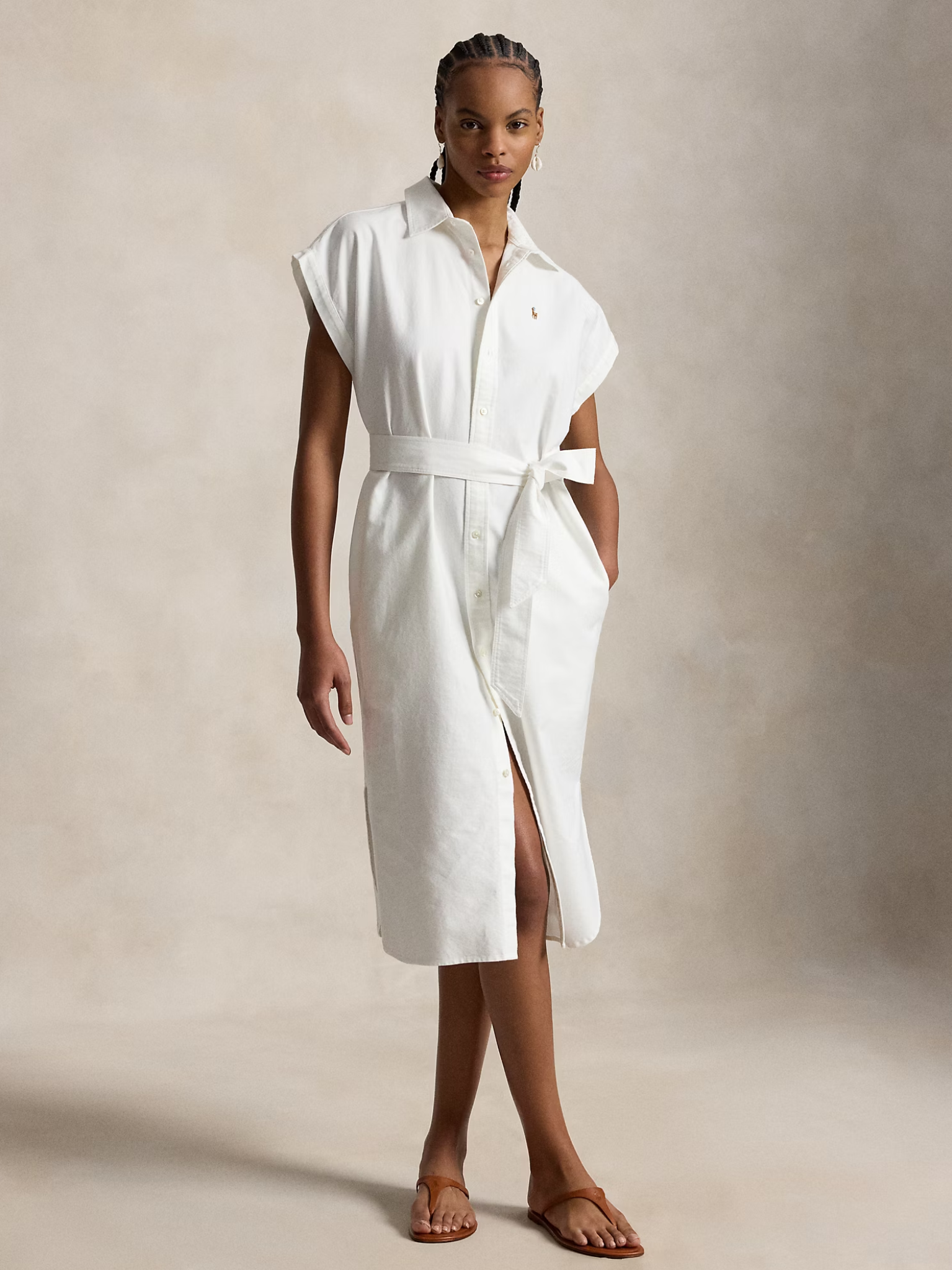 RALPH LAUREN WOMEN Belted Cotton Oxford Shirt Dress White