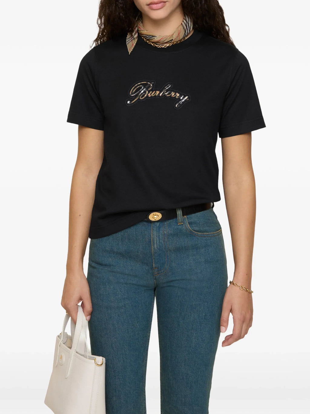 BURBERRY WOMEN Check Cursive Logo Cotton T-shirt Black