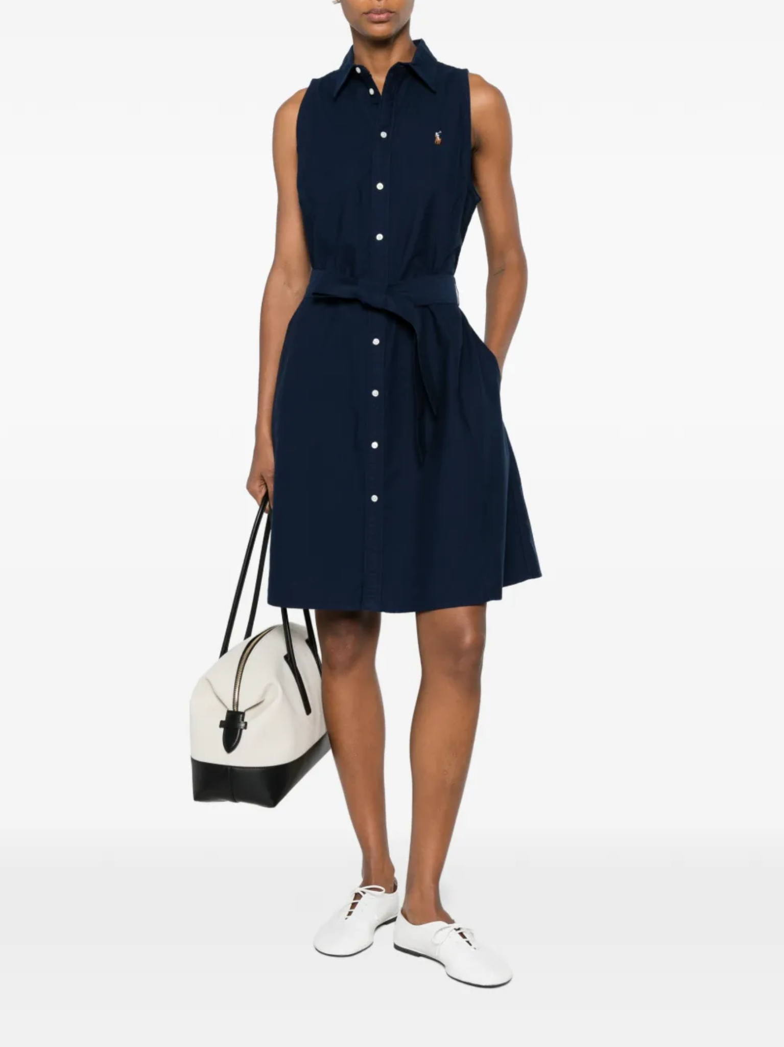 RALPH LAUREN WOMEN Belted Sleeveless Shirt Mini Dress Navy