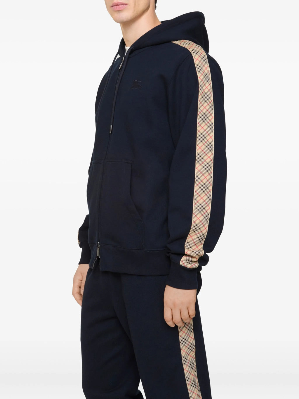 BURBERRY Check Trim Cotton Zip Hoodie Navy