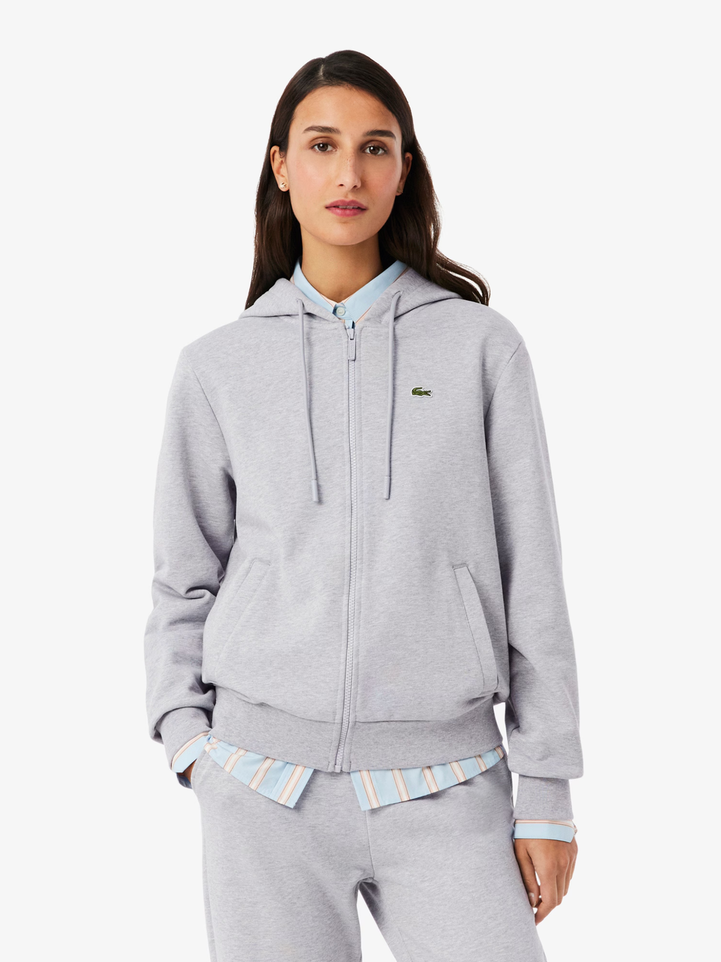 LACOSTE WOMEN Zipped Fleece Hoodie Light Grey