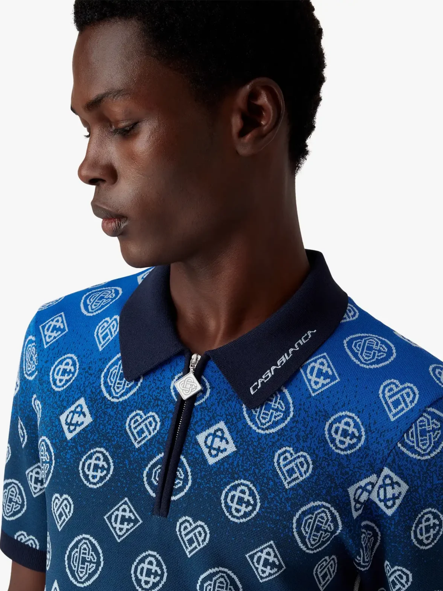 CASABLANCA Gradient Monogram Knitted Short Sleeve Polo Shirt Navy