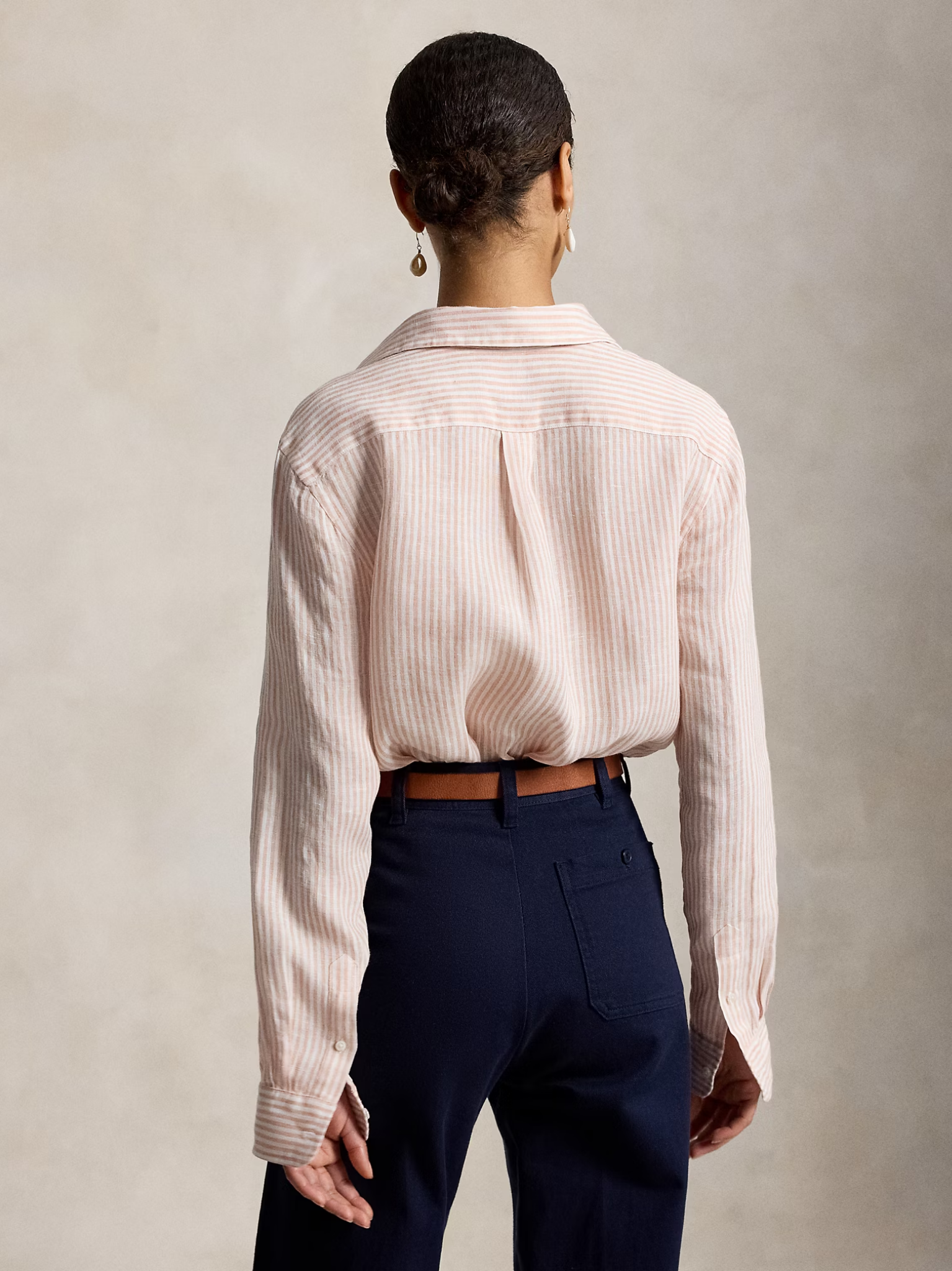 RALPH LAUREN WOMEN Classic Fit Striped Linen Shirt Dr Mauve White