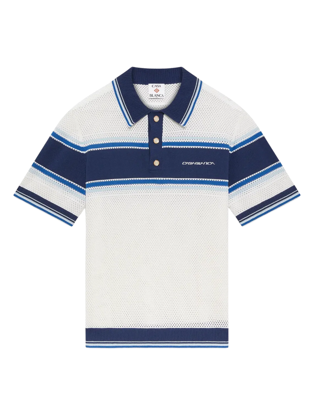 CASABLANCA Striped Mesh Short Sleeve Polo Shirt White/Blue