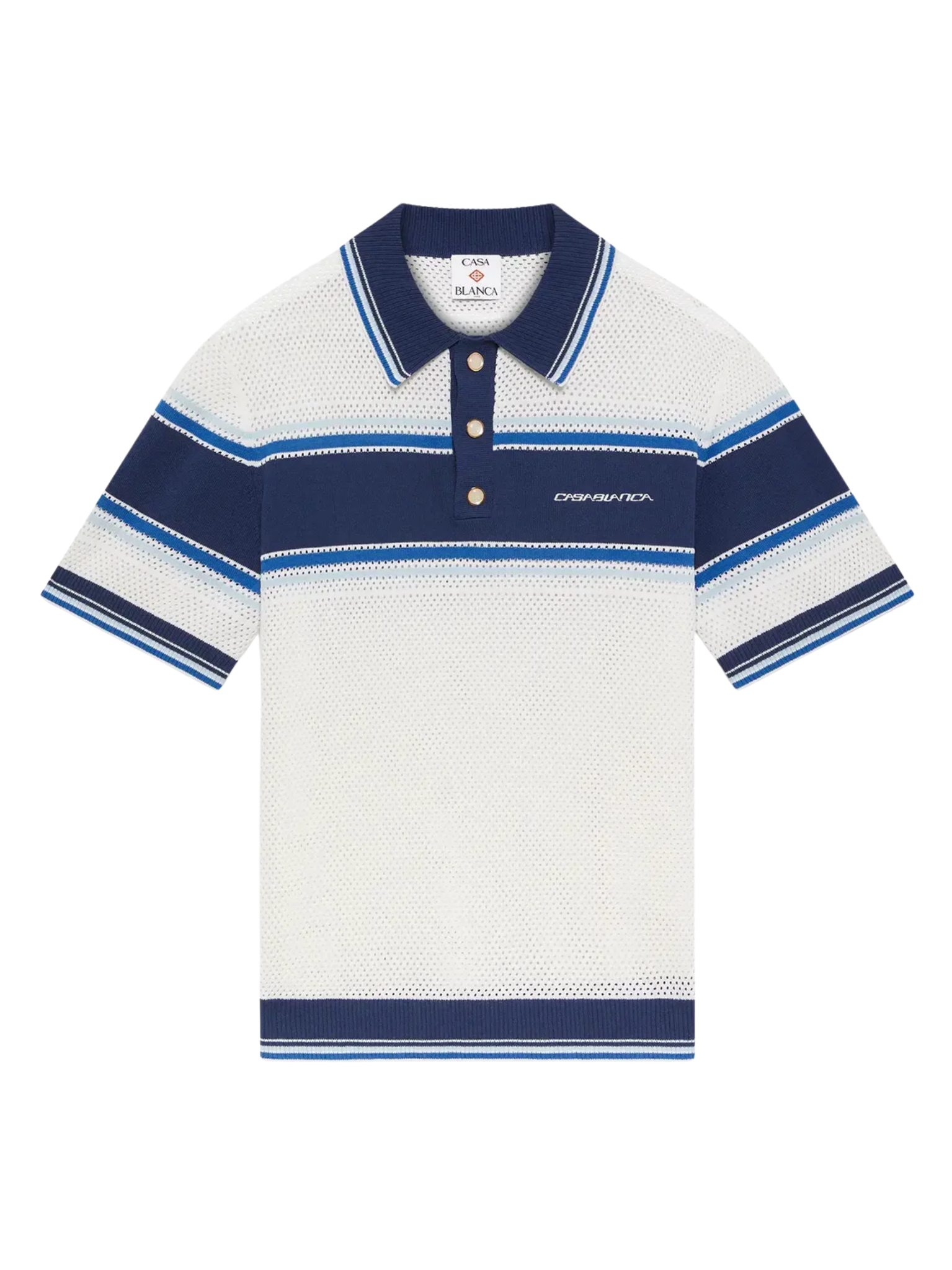 CASABLANCA Striped Mesh Short Sleeve Polo Shirt White/Blue
