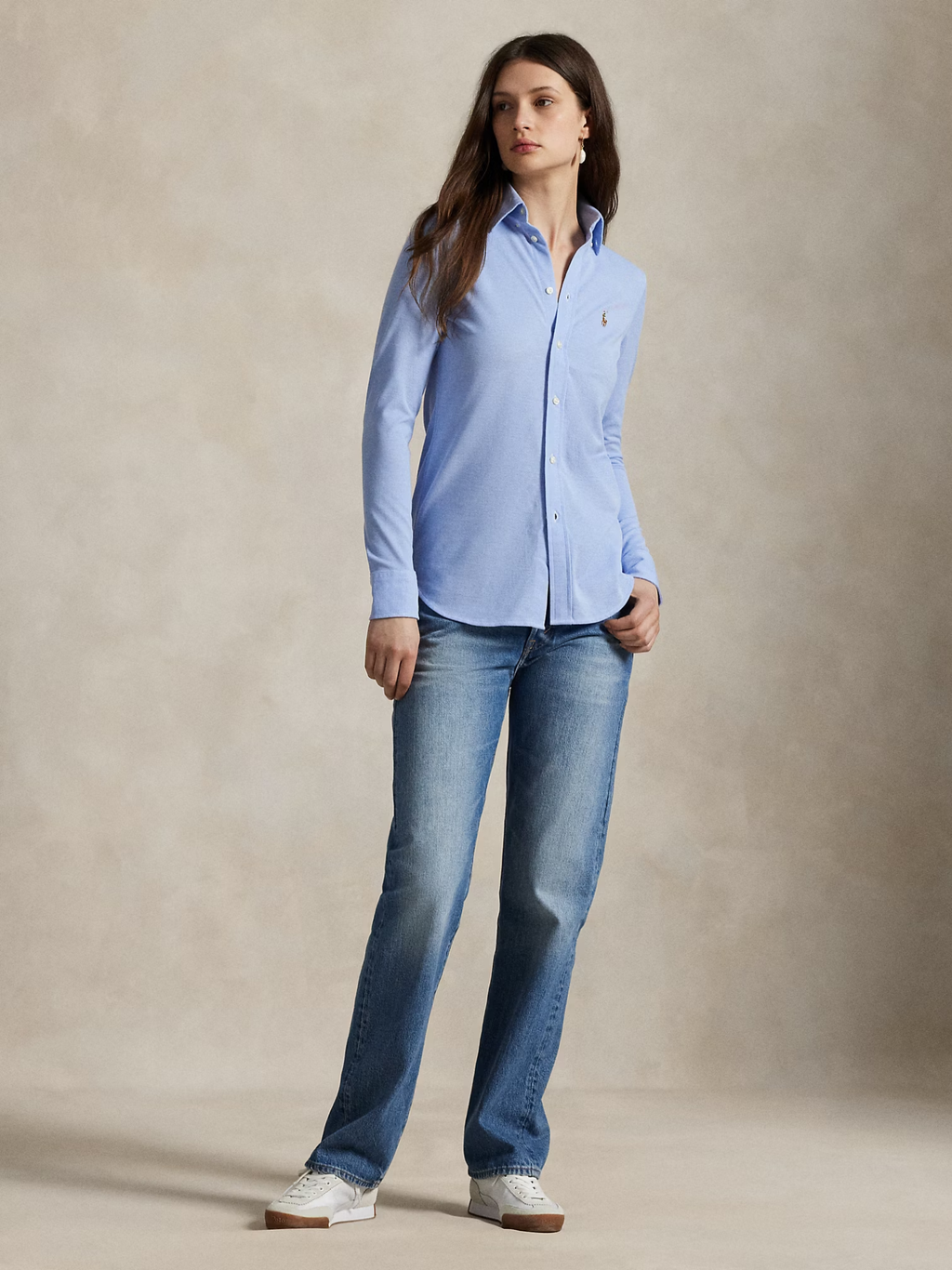 RALPH LAUREN WOMEN Slim Fit Knit Cotton Oxford Shirt Blue