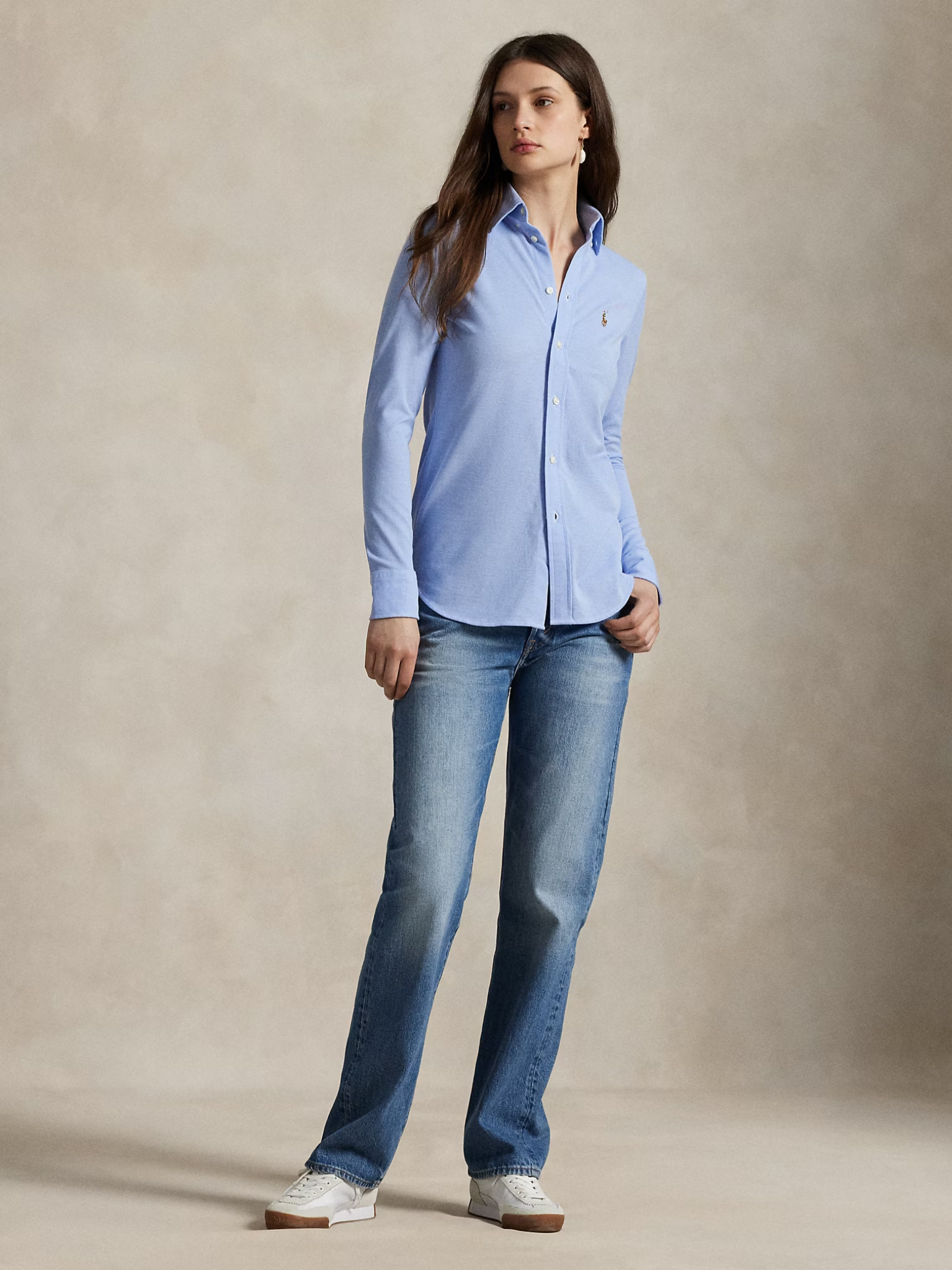 RALPH LAUREN WOMEN Slim Fit Knit Cotton Oxford Shirt Blue