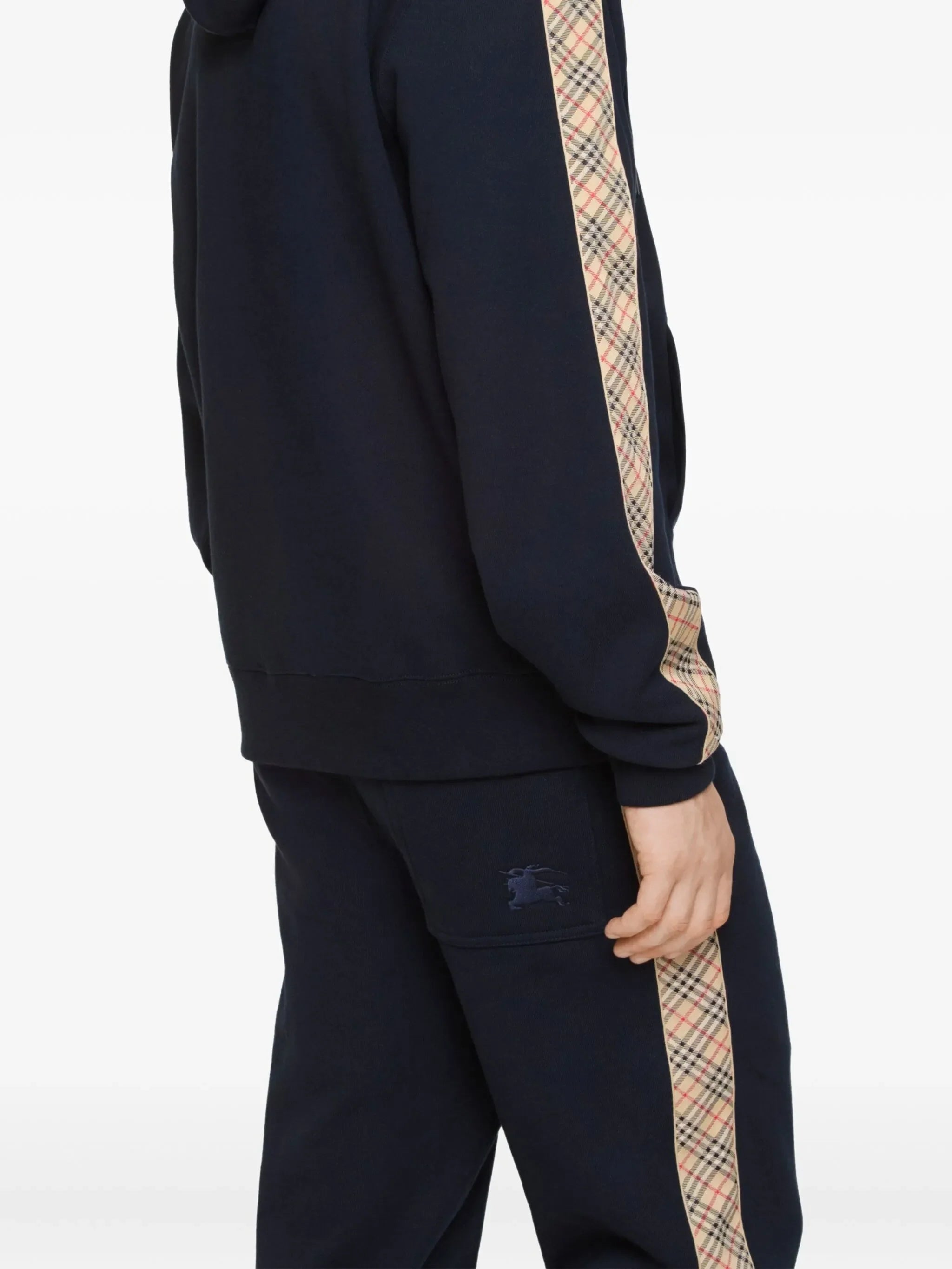 BURBERRY Check Trim Cotton Zip Hoodie Navy