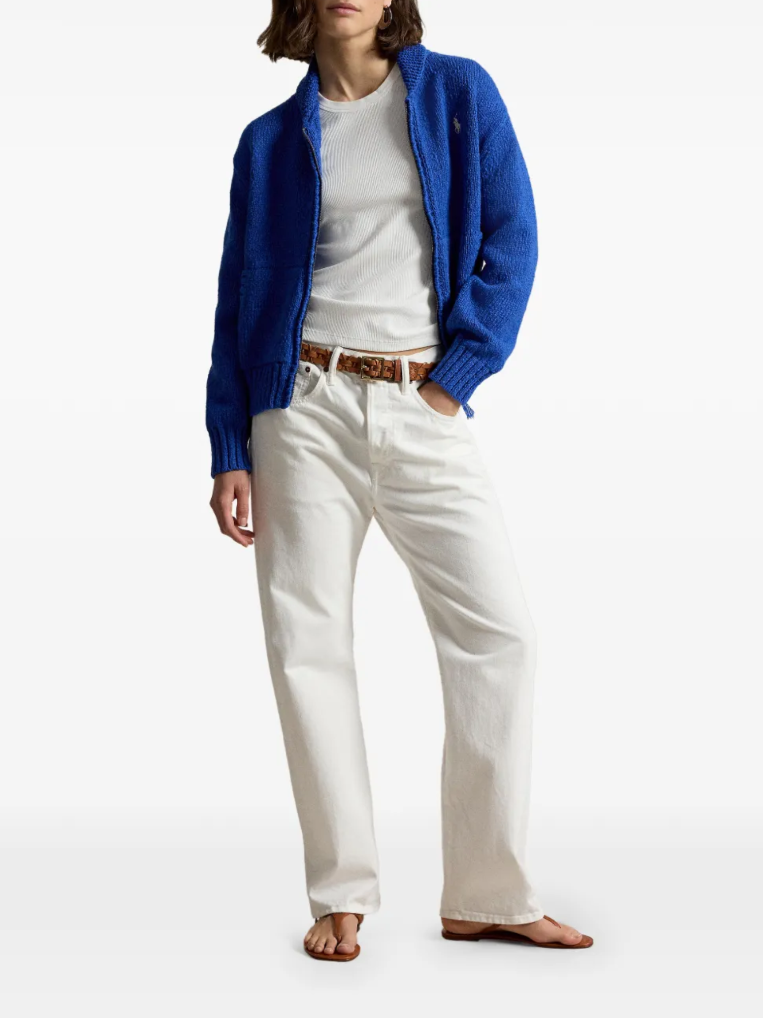 RALPH LAUREN WOMEN Wave-logo Cotton Zip Cardigan Sapphire Multi