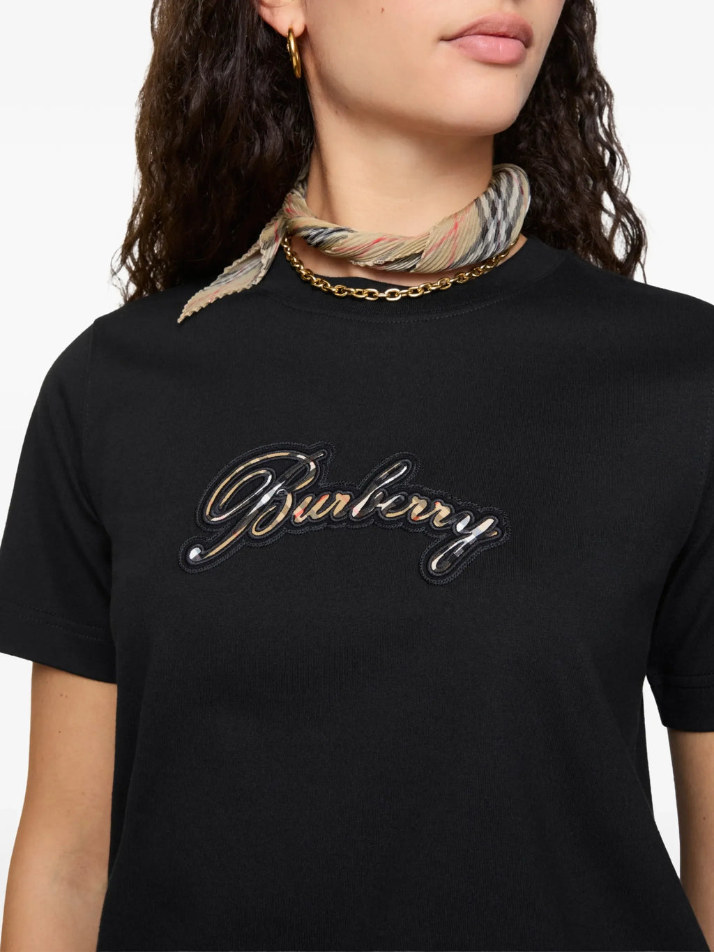 BURBERRY WOMEN Check Cursive Logo Cotton T-shirt Black
