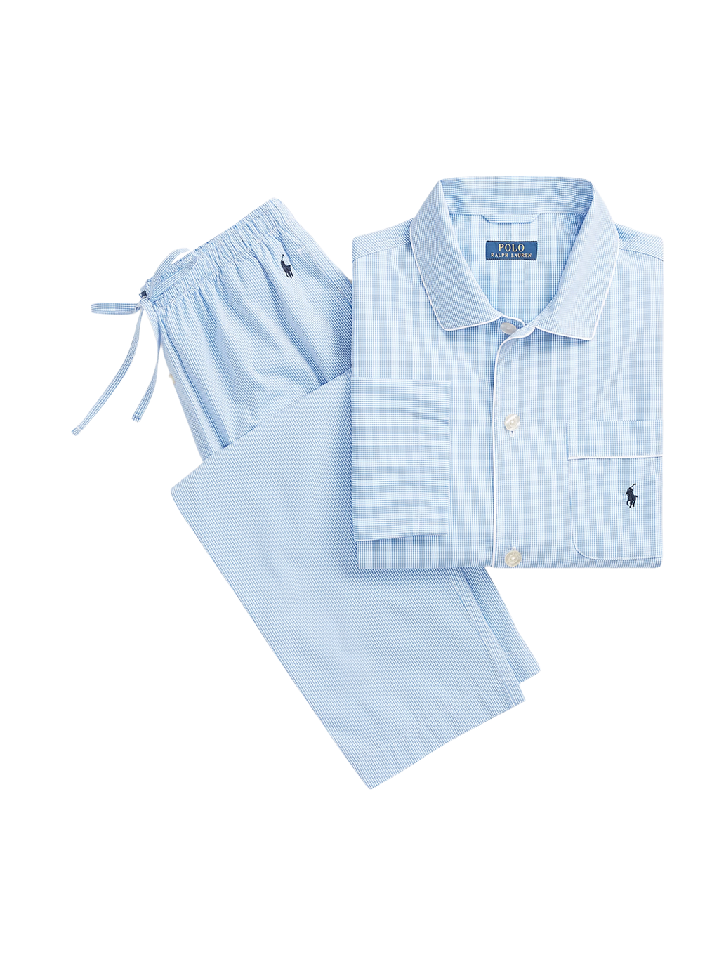 RALPH LAUREN Gingham Poplin Long Sleep Set Light Blue Mini Gingham