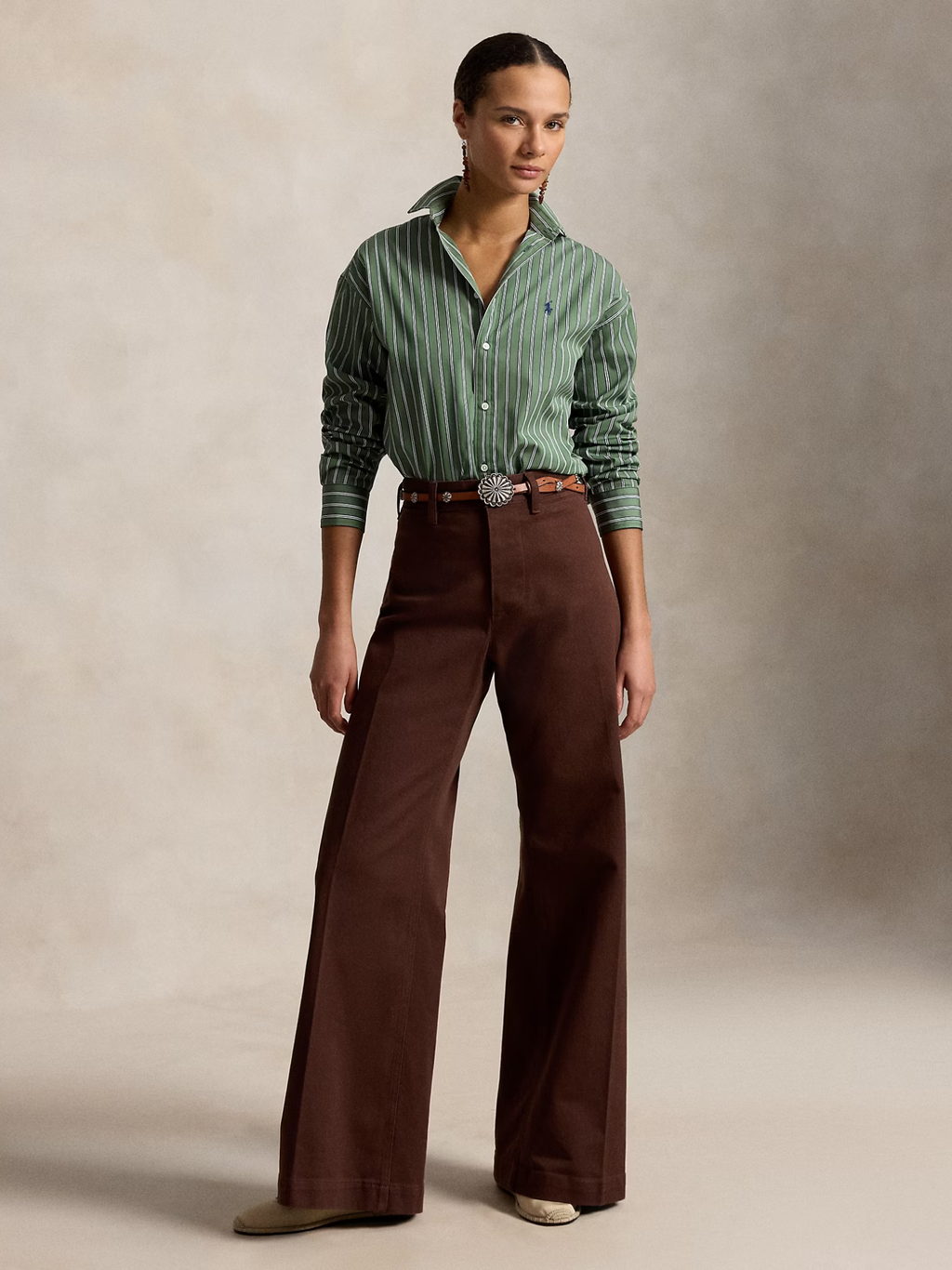 RALPH LAUREN WOMEN Relaxed Fit Striped Cotton Shirt Green/White Multi