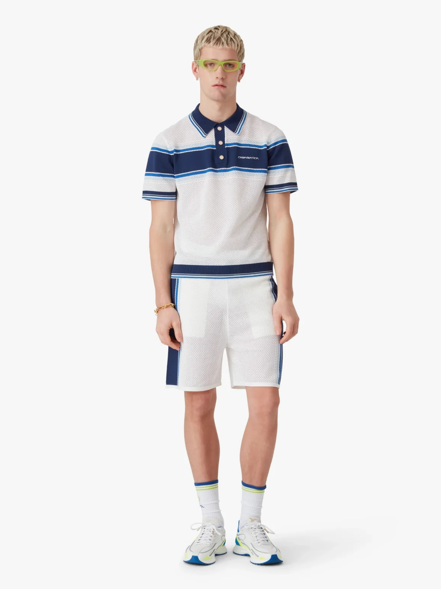 CASABLANCA Striped Mesh Short Sleeve Polo Shirt White/Blue