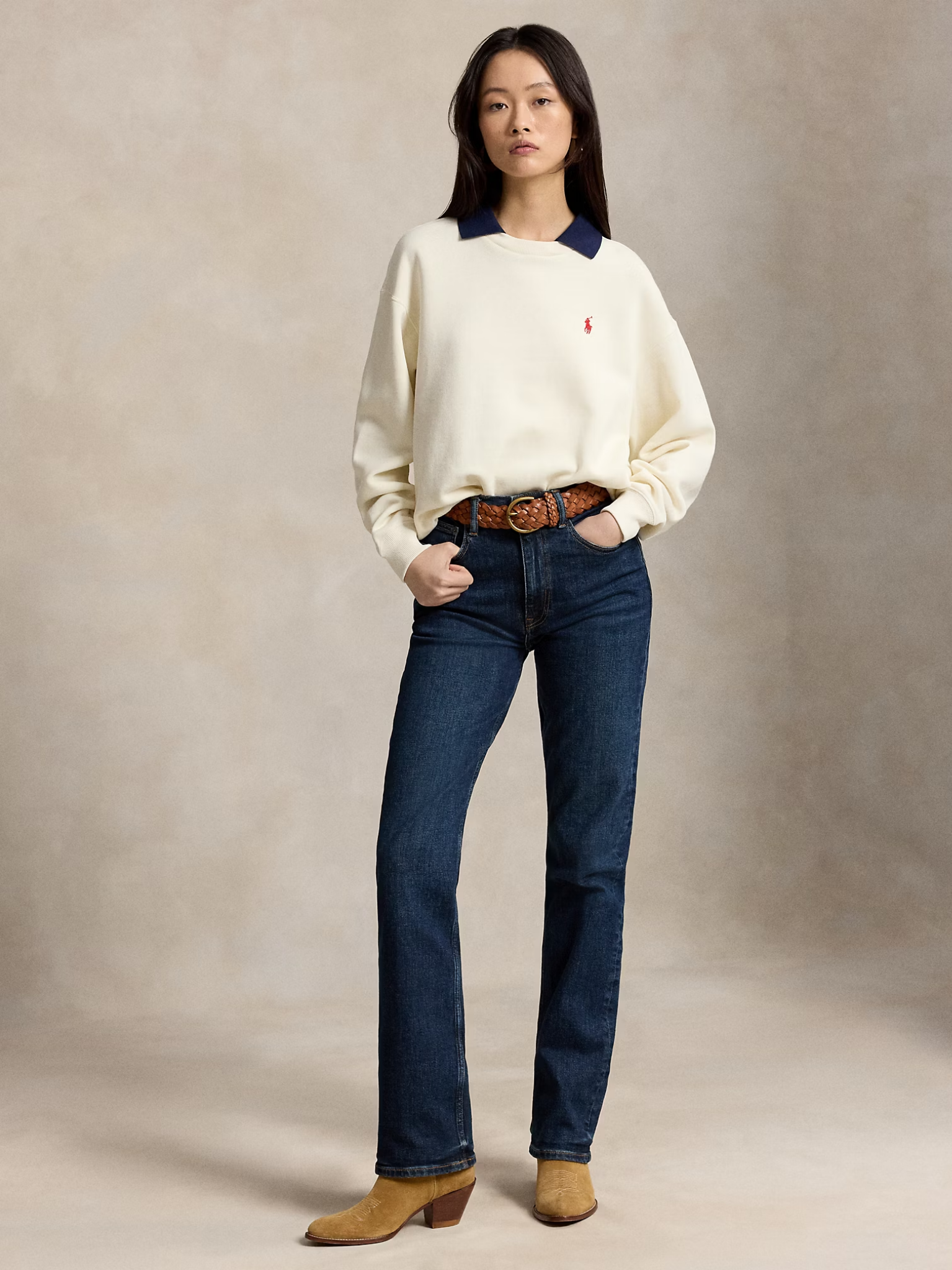 RALPH LAUREN WOMEN Polo-Collar Fleece Crewneck Warm White