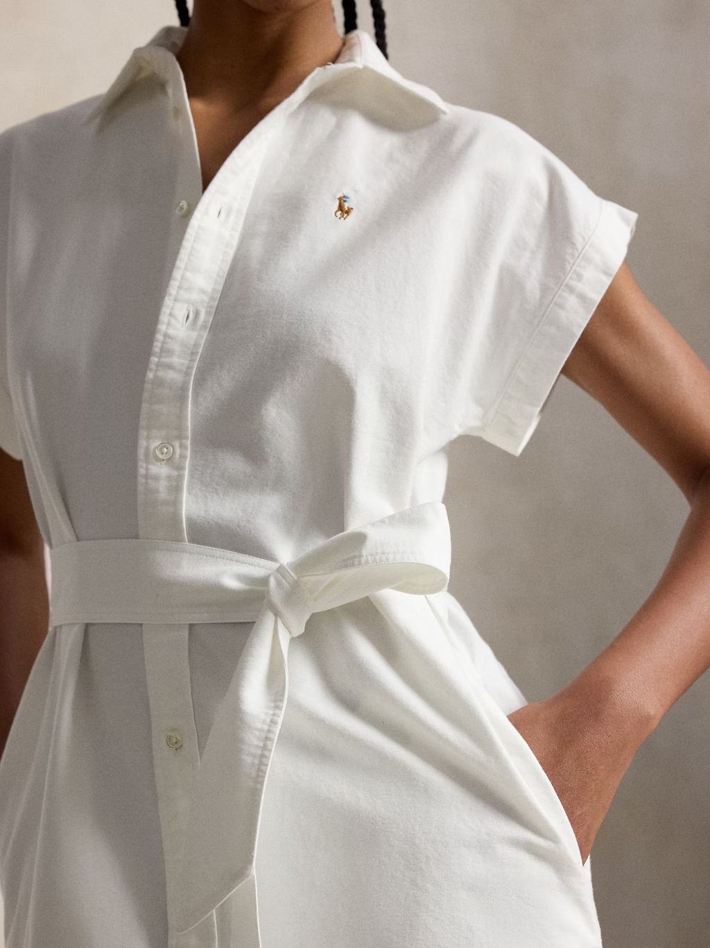 RALPH LAUREN WOMEN Belted Cotton Oxford Shirt Dress White