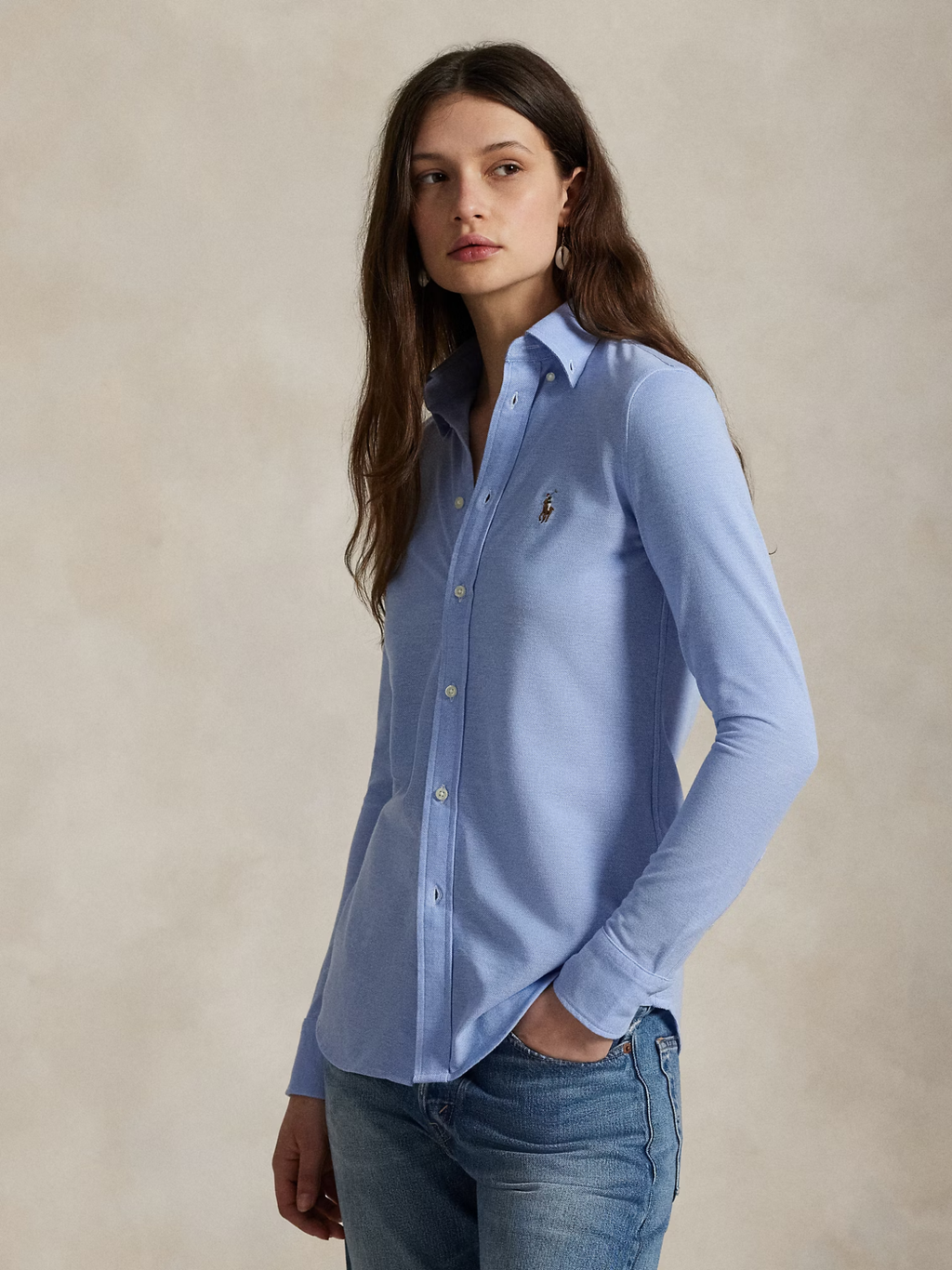 RALPH LAUREN WOMEN Slim Fit Knit Cotton Oxford Shirt Blue