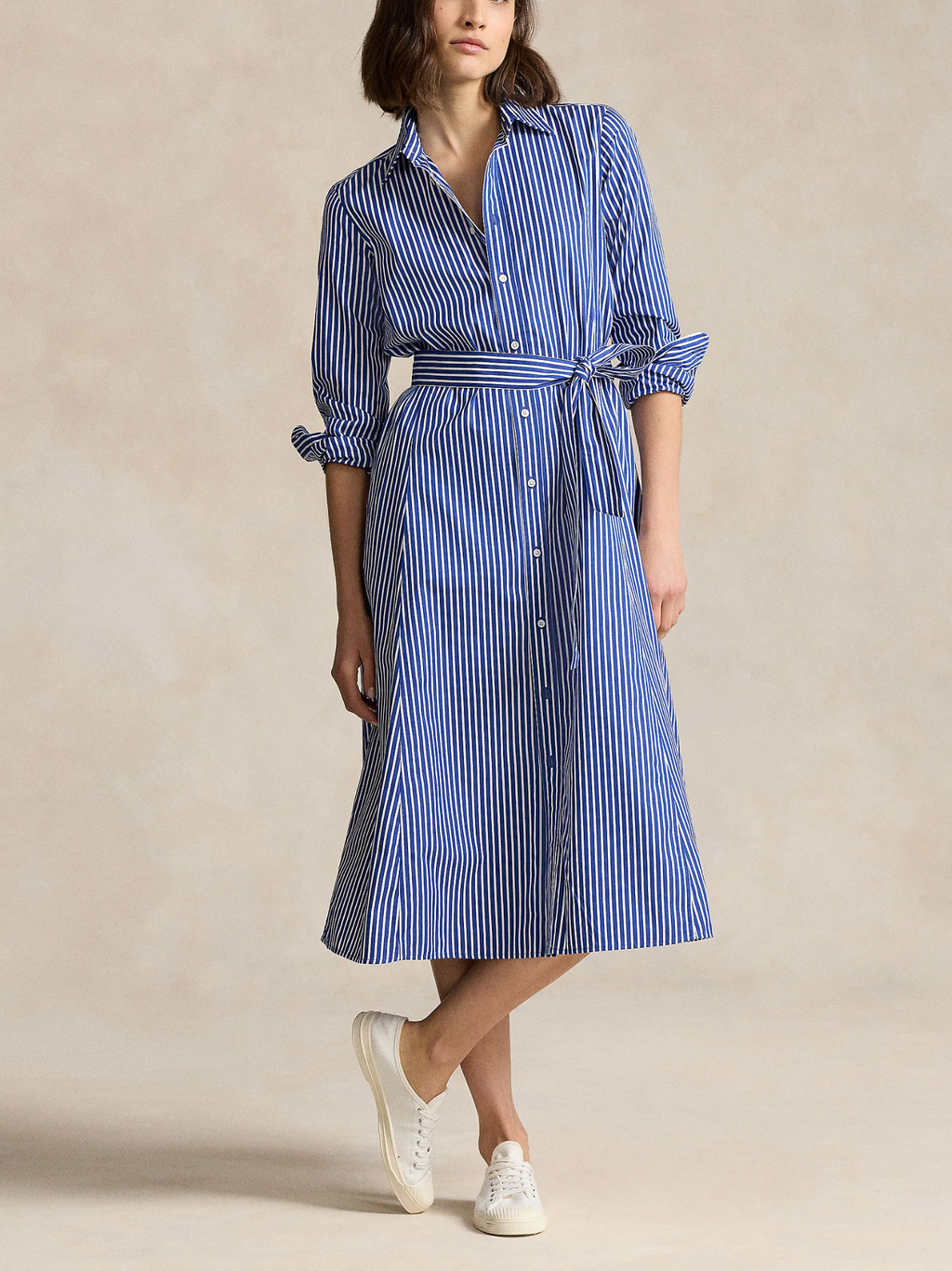 RALPH LAUREN WOMEN Belted Striped Cotton Shirt Dress Bright Navy/White