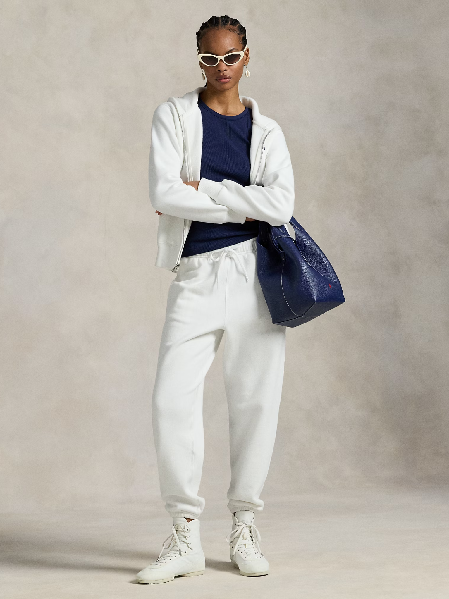RALPH LAUREN WOMEN Fleece Drawstring Tracksuit Bottoms White
