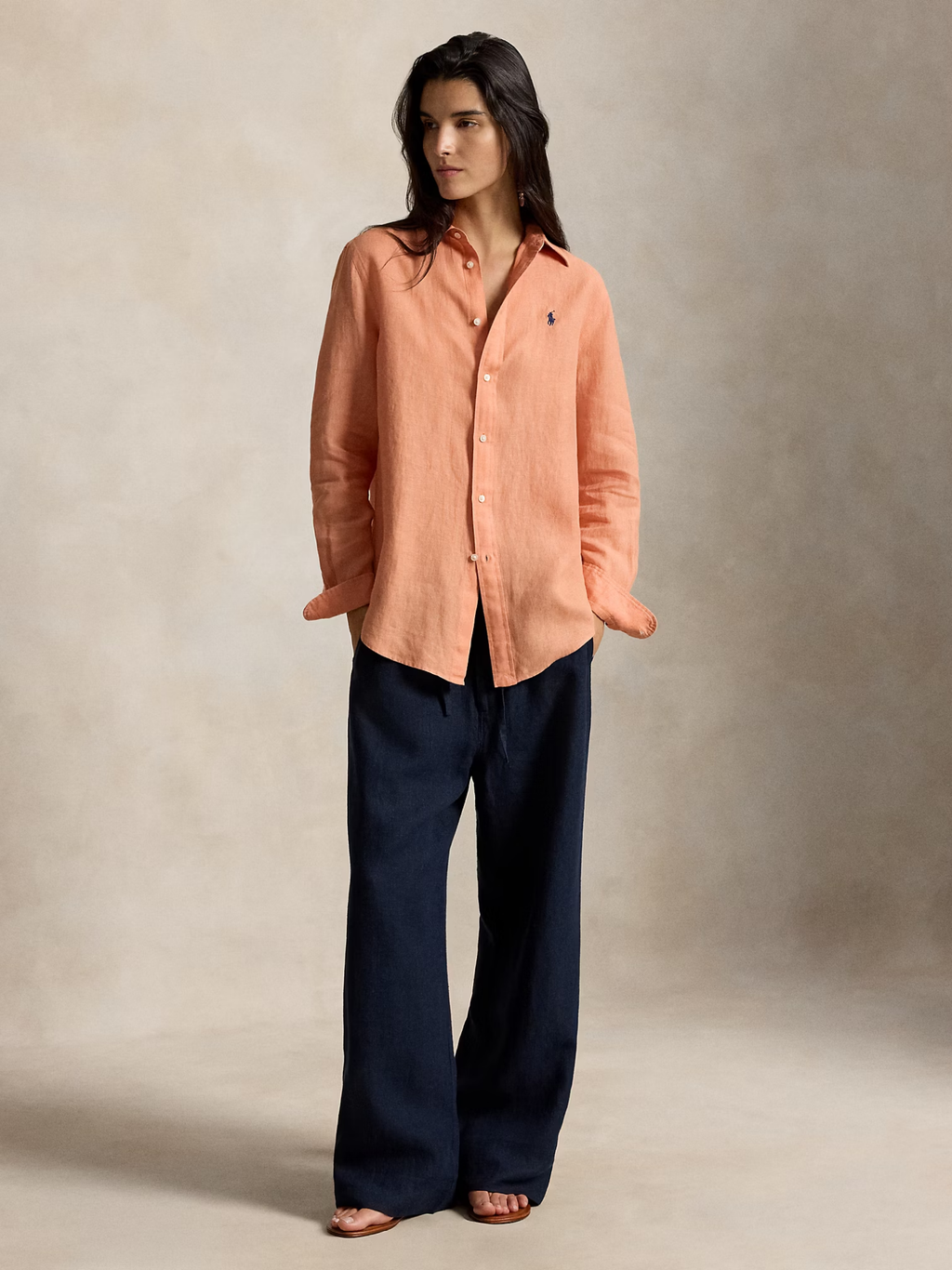 RALPH LAUREN WOMEN Classic Fit Linen Shirt Pastel Coral