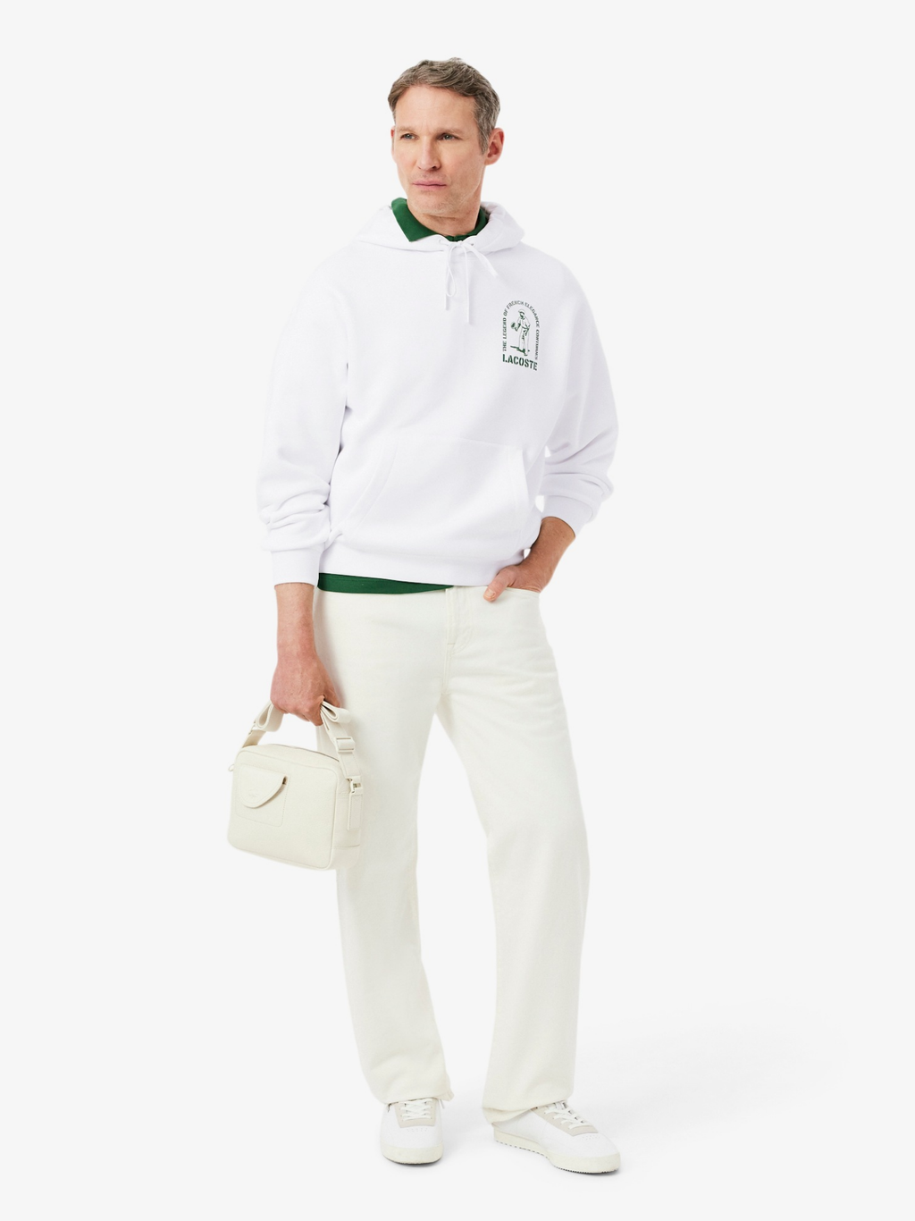 LACOSTE Loose Fit Printed Hoodie White