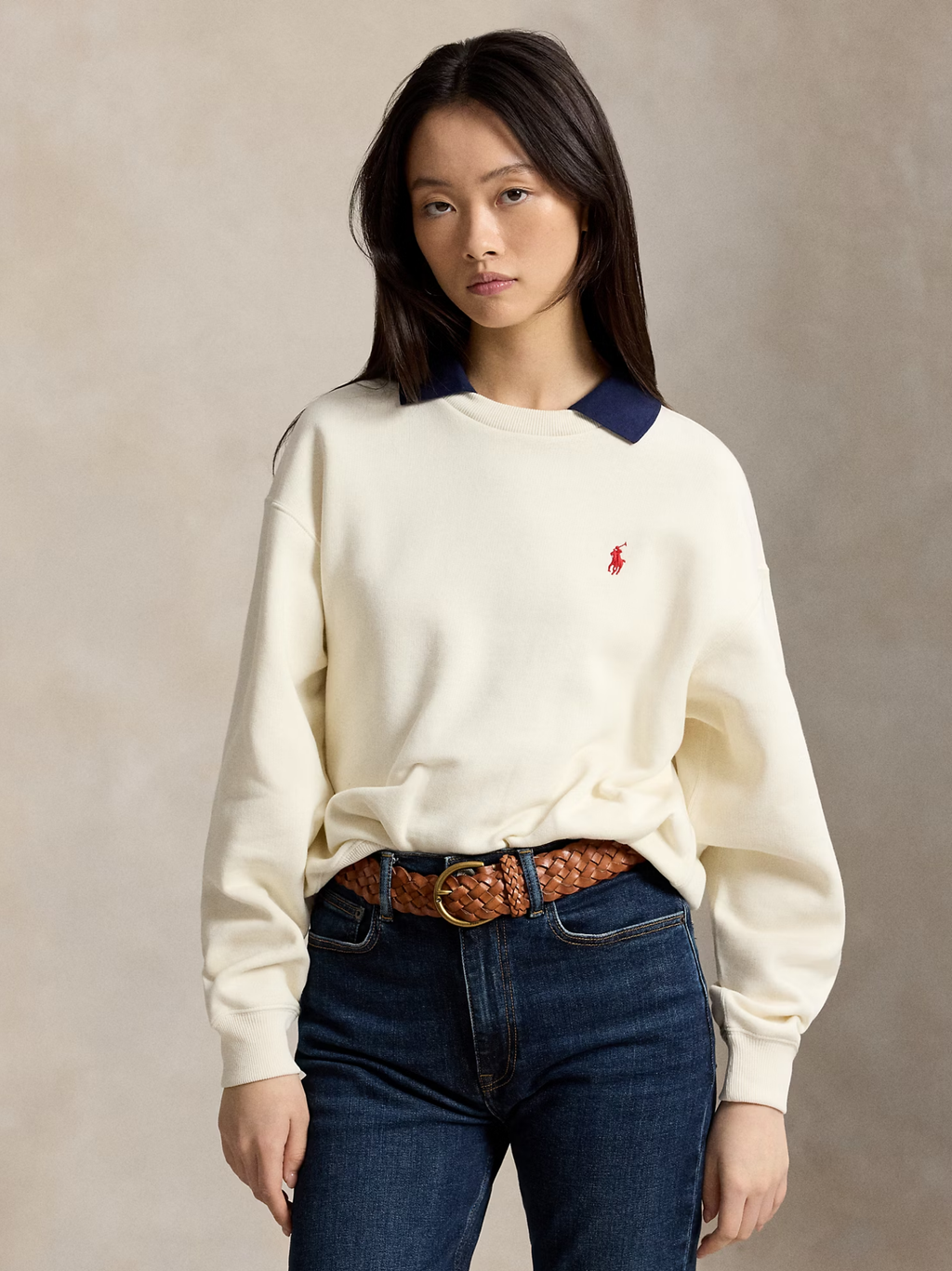 RALPH LAUREN WOMEN Polo-Collar Fleece Crewneck Warm White